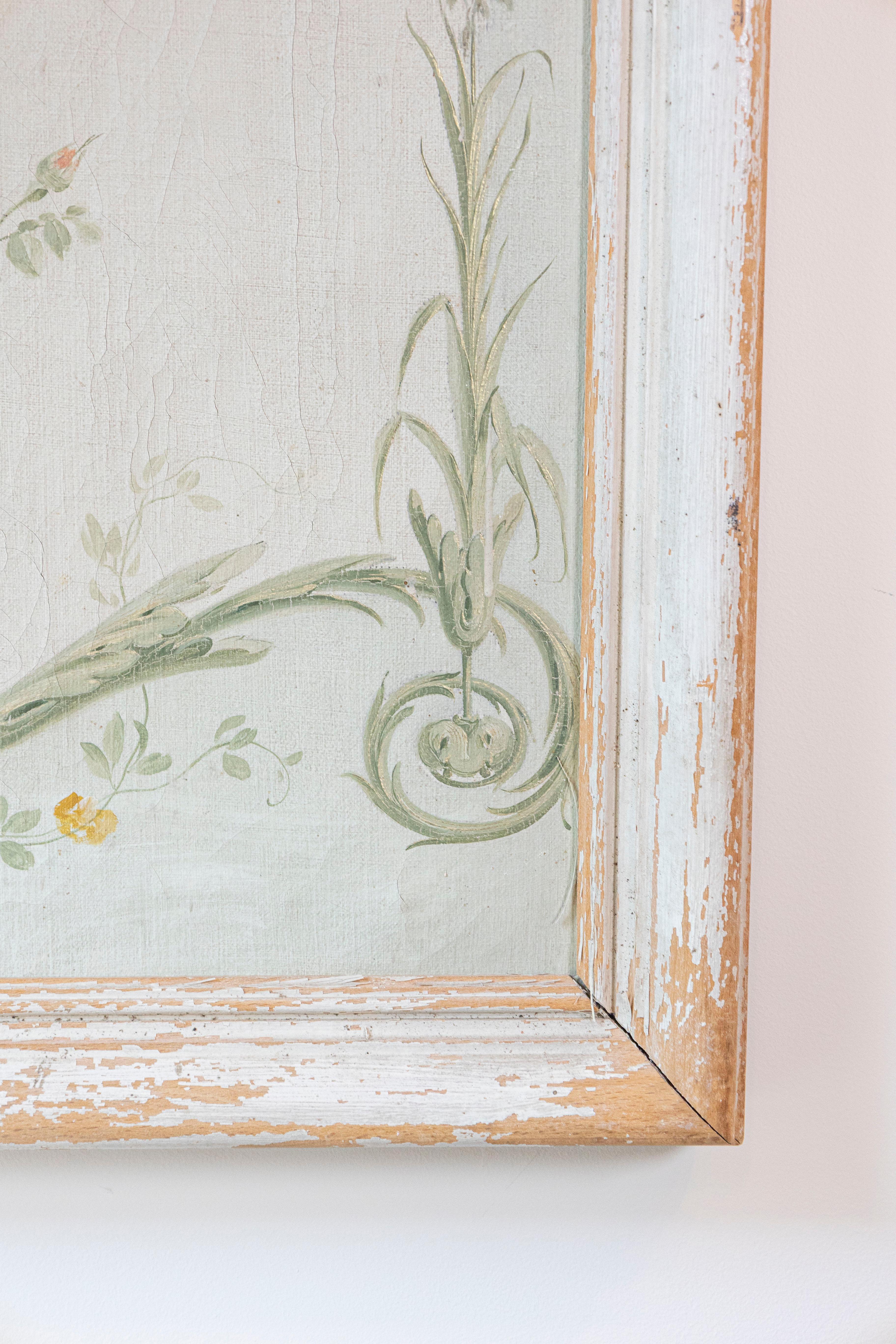 Pair of French Napoléon III 1860s Oil on Canvas Overdoors with Floral Garlands 7
