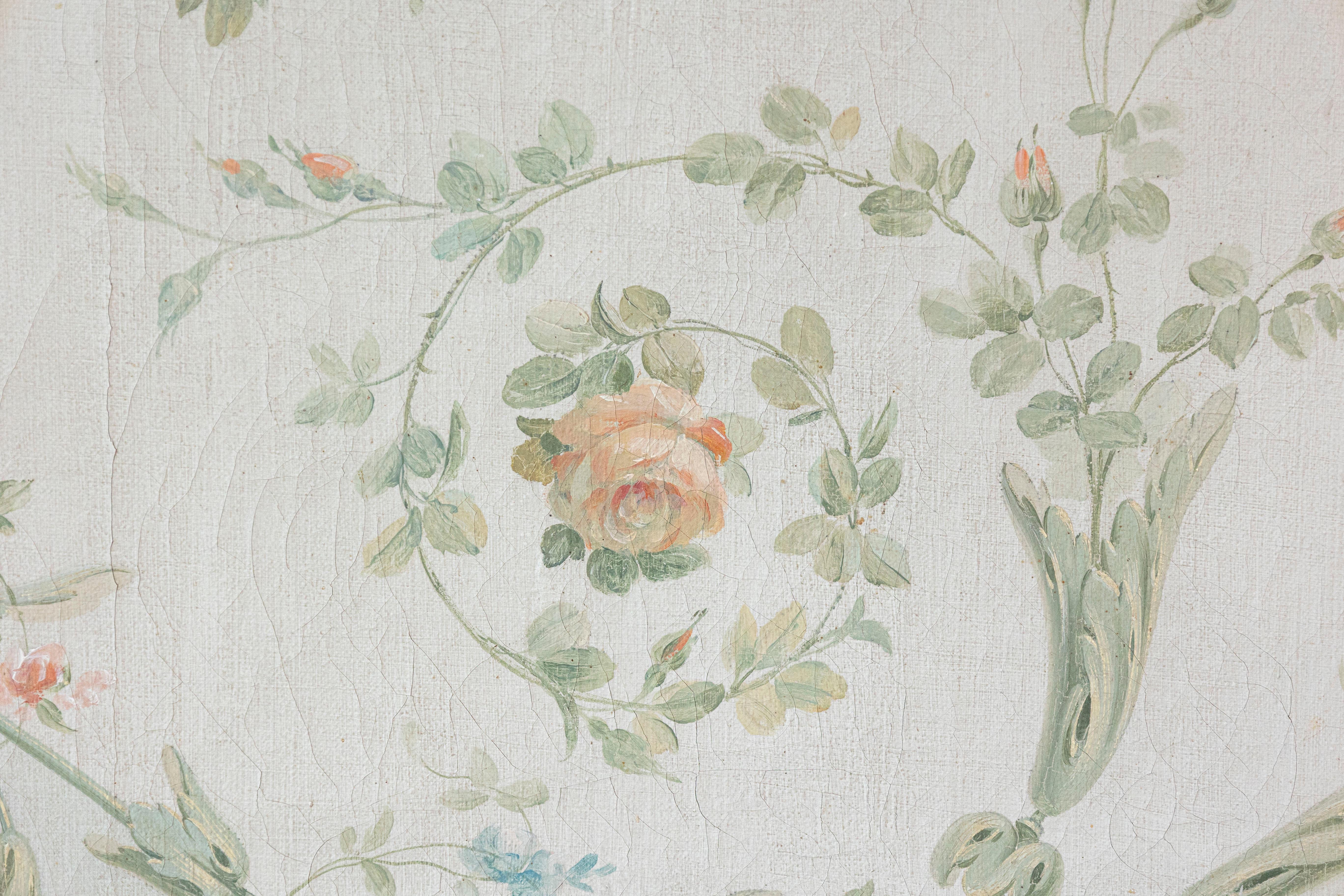 Pair of French Napoléon III 1860s Oil on Canvas Overdoors with Floral Garlands 8