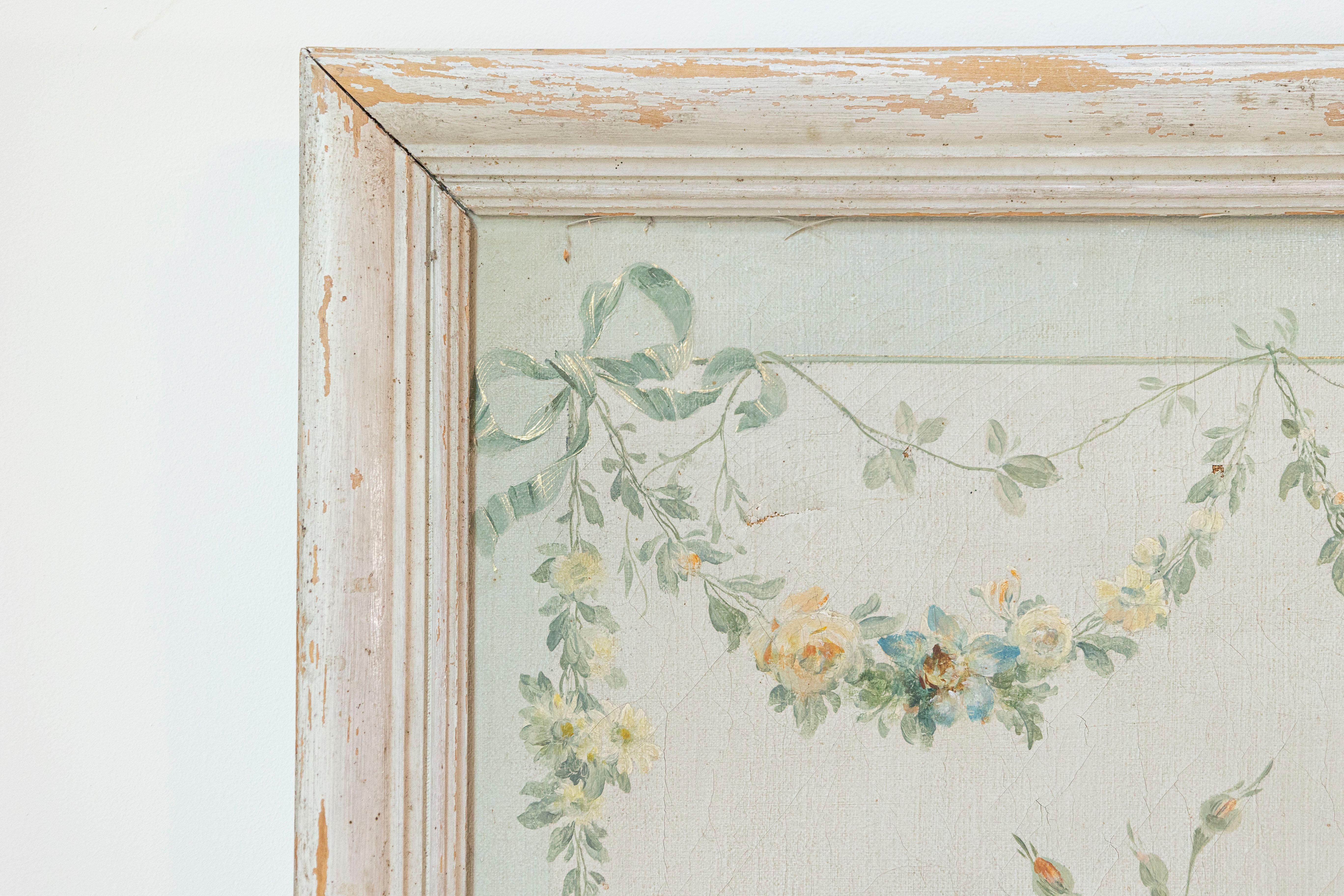 Pair of French Napoléon III 1860s Oil on Canvas Overdoors with Floral Garlands 9