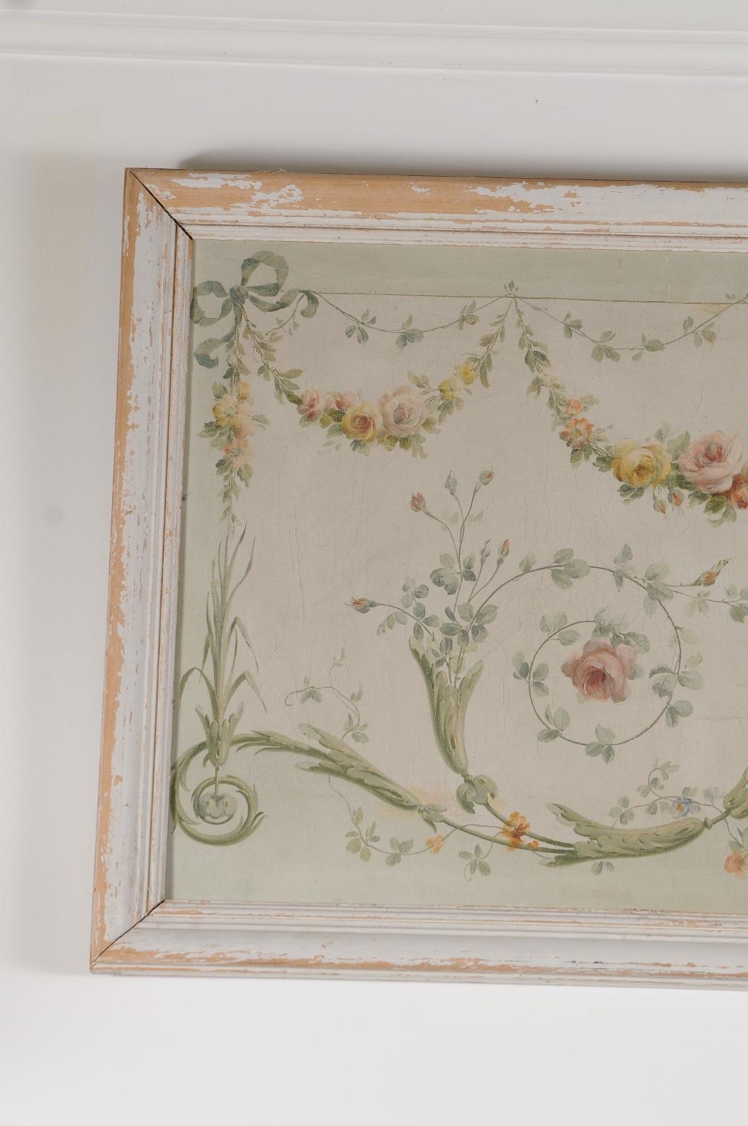 Français Paire d'huiles sur toile à décor de guirlandes florales, datant des années 1860, pour portes d'entrée. en vente