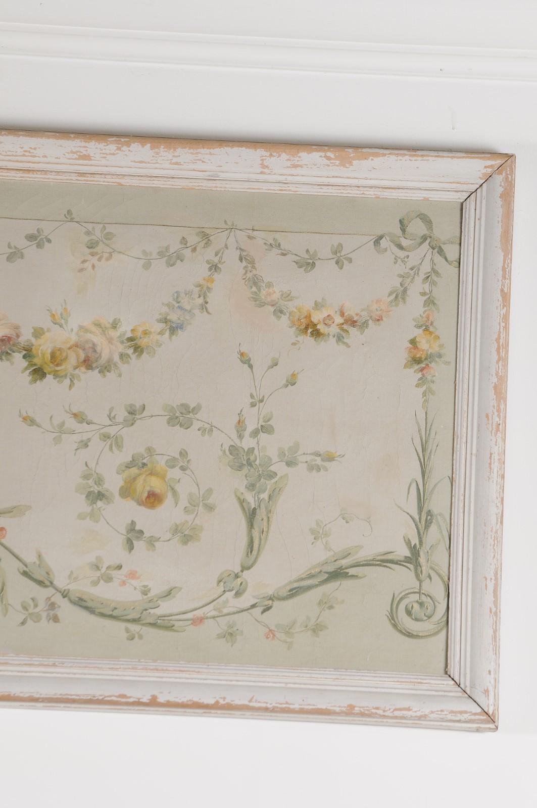 Pair of French Napoléon III 1860s Oil on Canvas Overdoors with Floral Garlands In Good Condition For Sale In Atlanta, GA