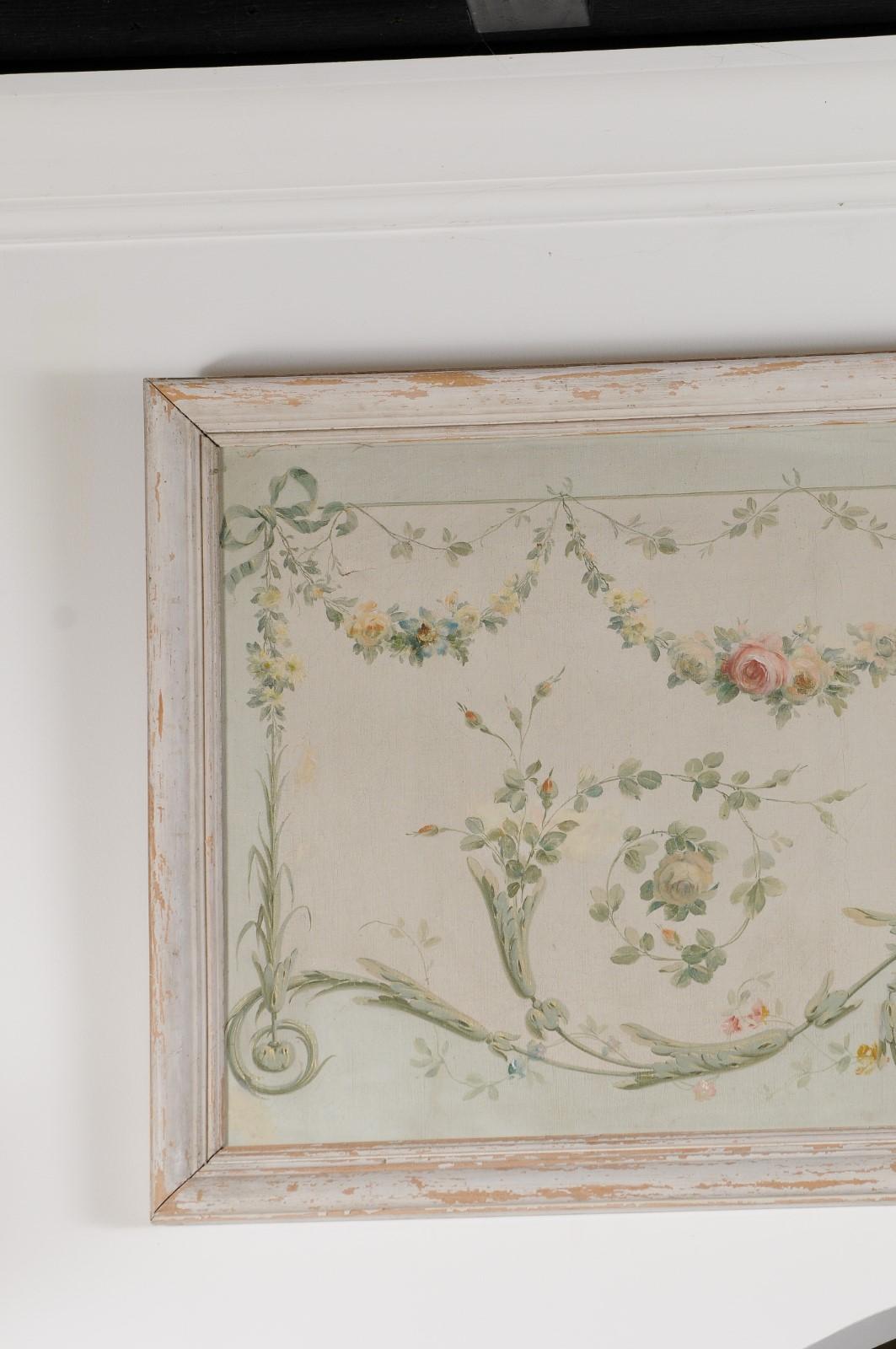 Toile Paire d'huiles sur toile à décor de guirlandes florales, datant des années 1860, pour portes d'entrée. en vente