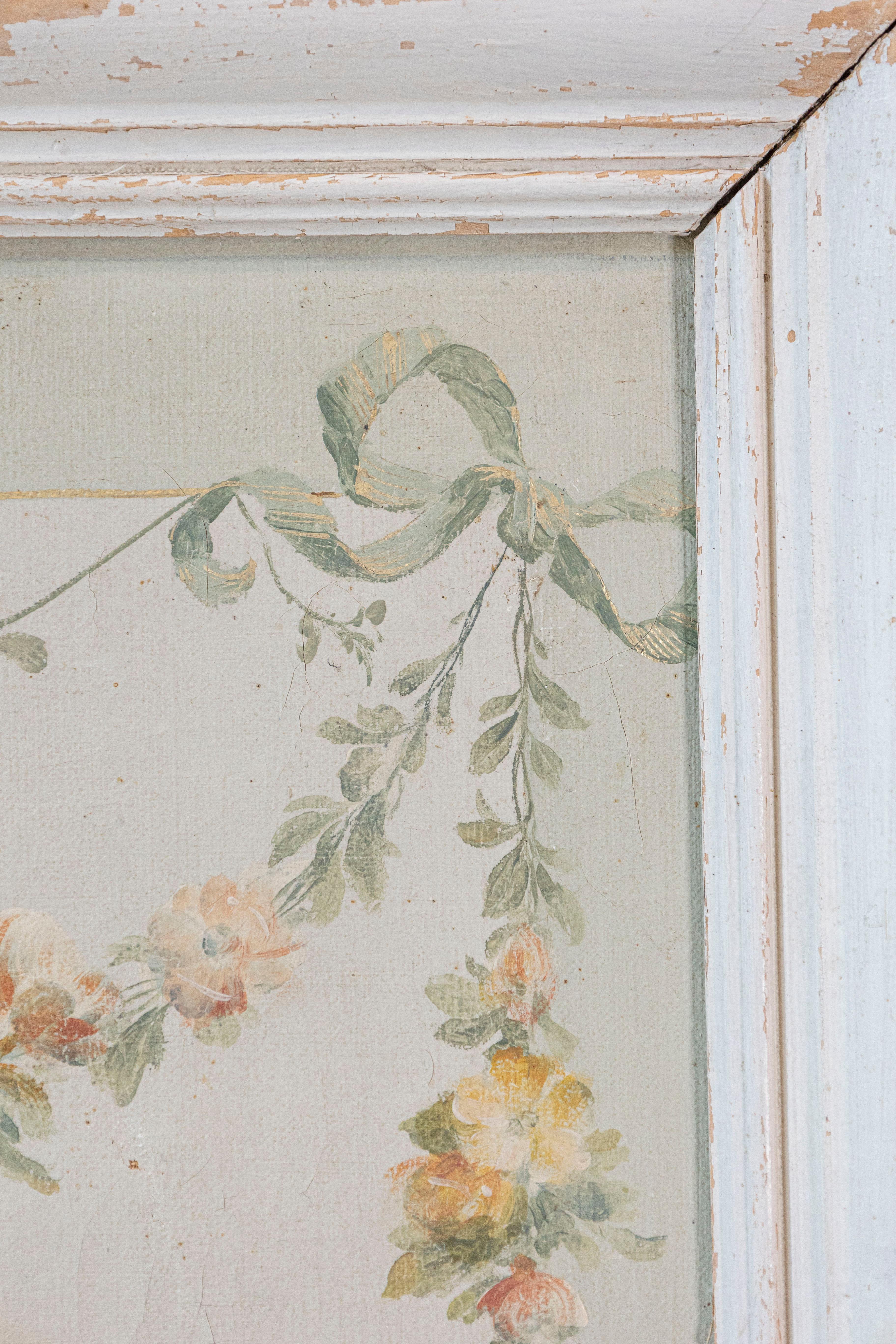 Pair of French Napoléon III 1860s Oil on Canvas Overdoors with Floral Garlands In Good Condition In Atlanta, GA