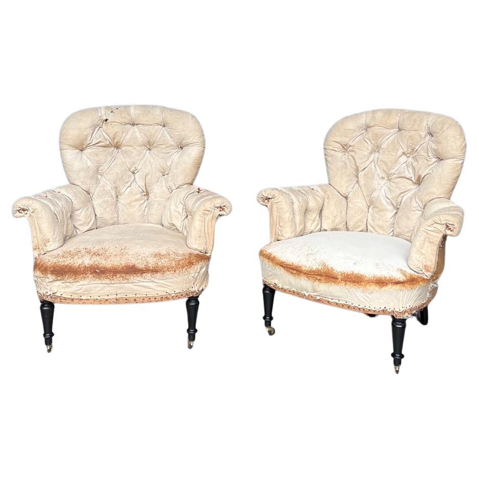 Pair of French Napoleon III Armchairs in Muslin