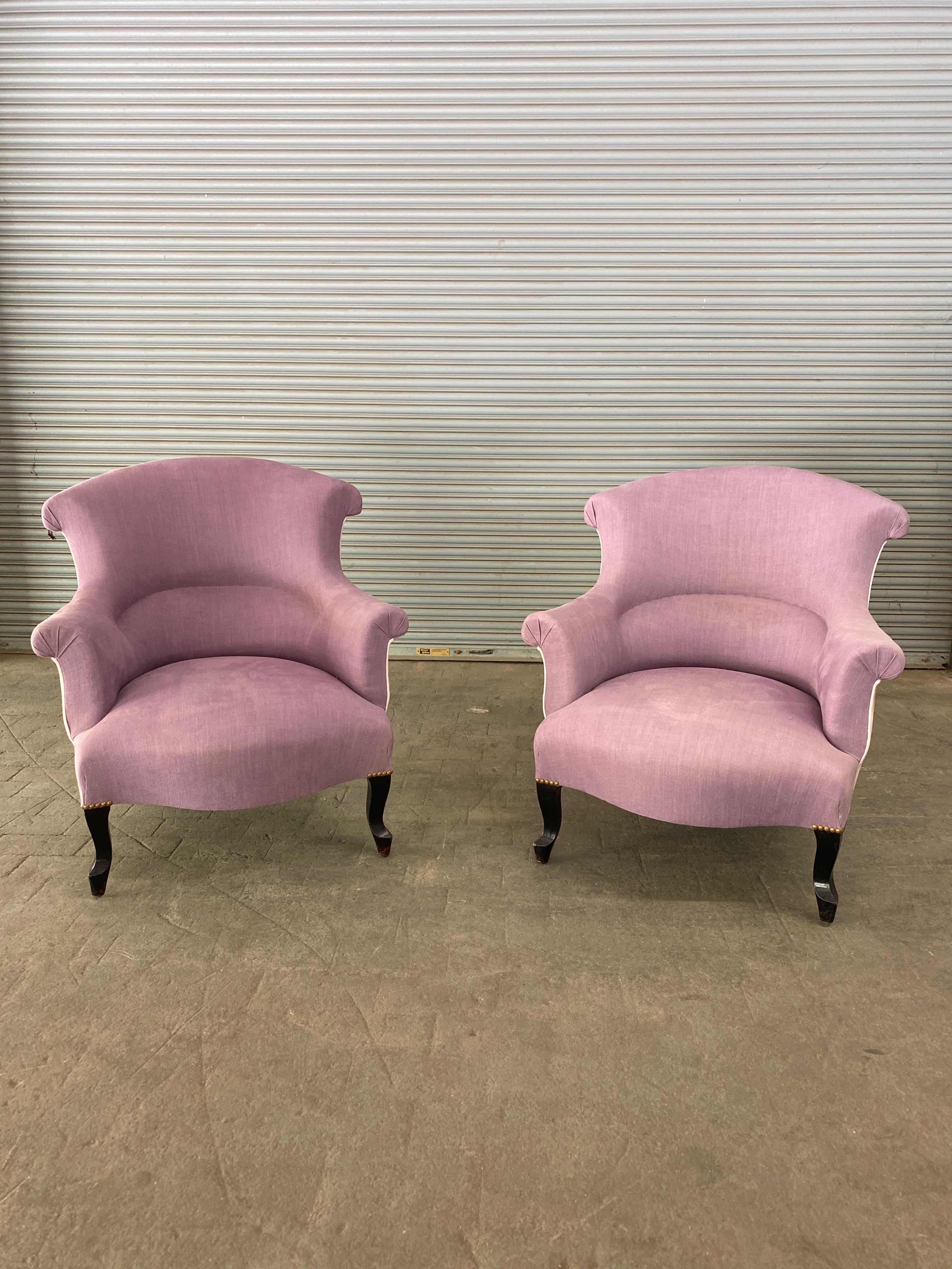 Pair of French Napoleon III Armchairs in Lavender Linen 11
