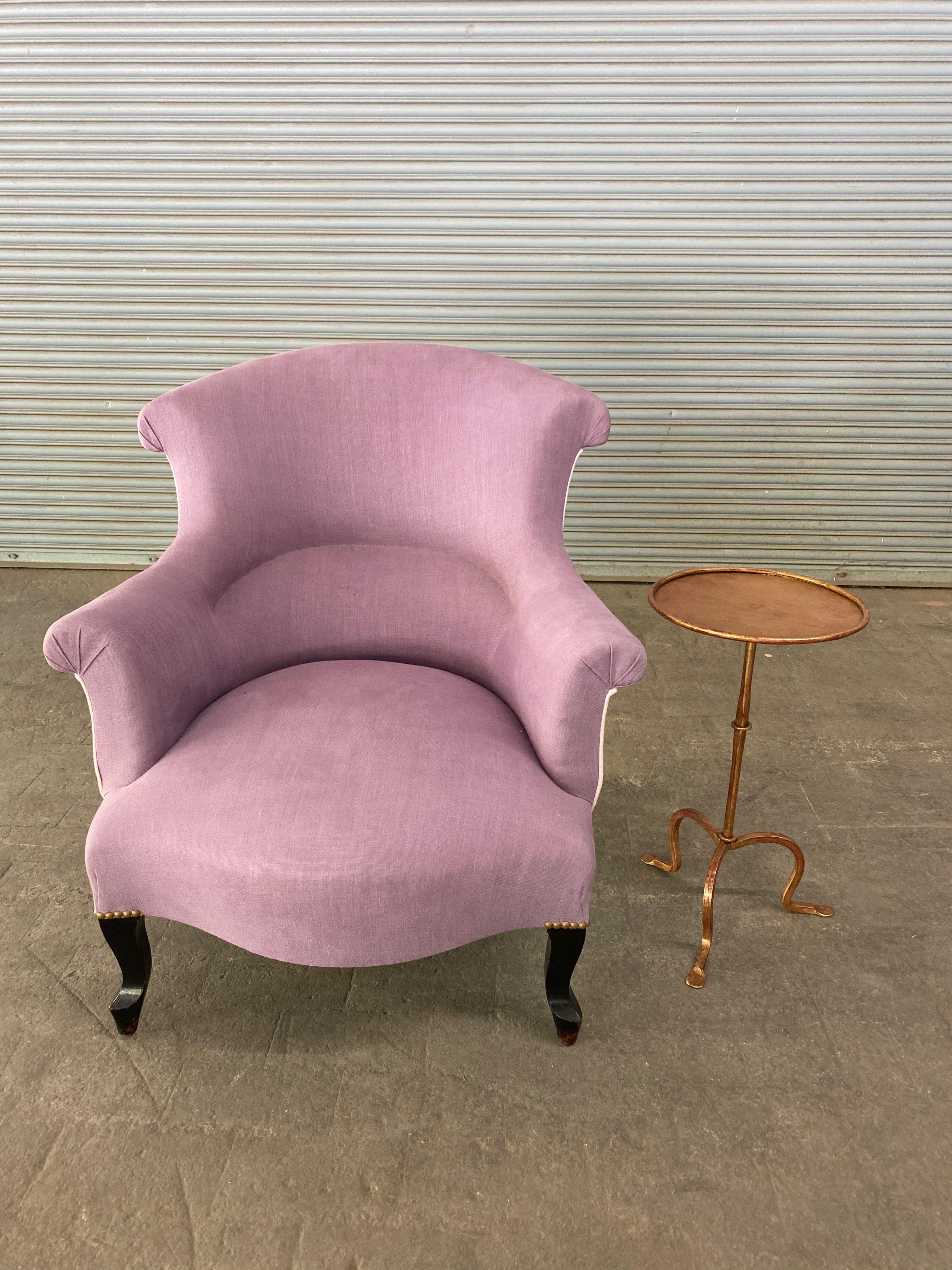 Fabric Pair of French Napoleon III Armchairs in Lavender Linen