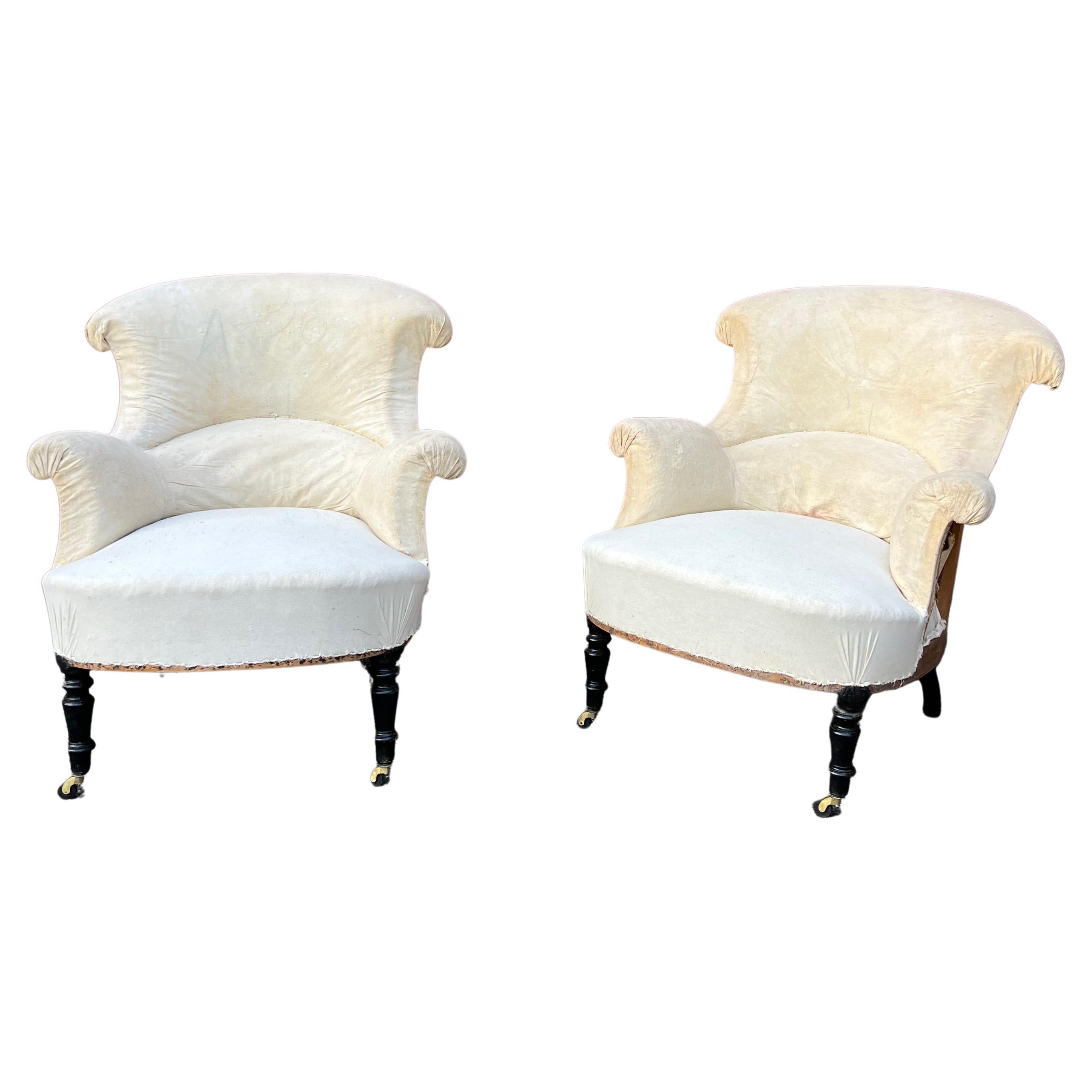 Pair of French Napoleon III Armchairs in Muslin For Sale