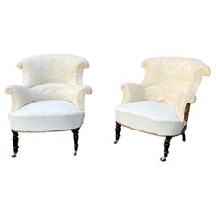 Antique Pair of French Napoleon III Armchairs in Muslin