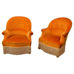 Pair of French Napoleon III Armchairs in Orange Velvet