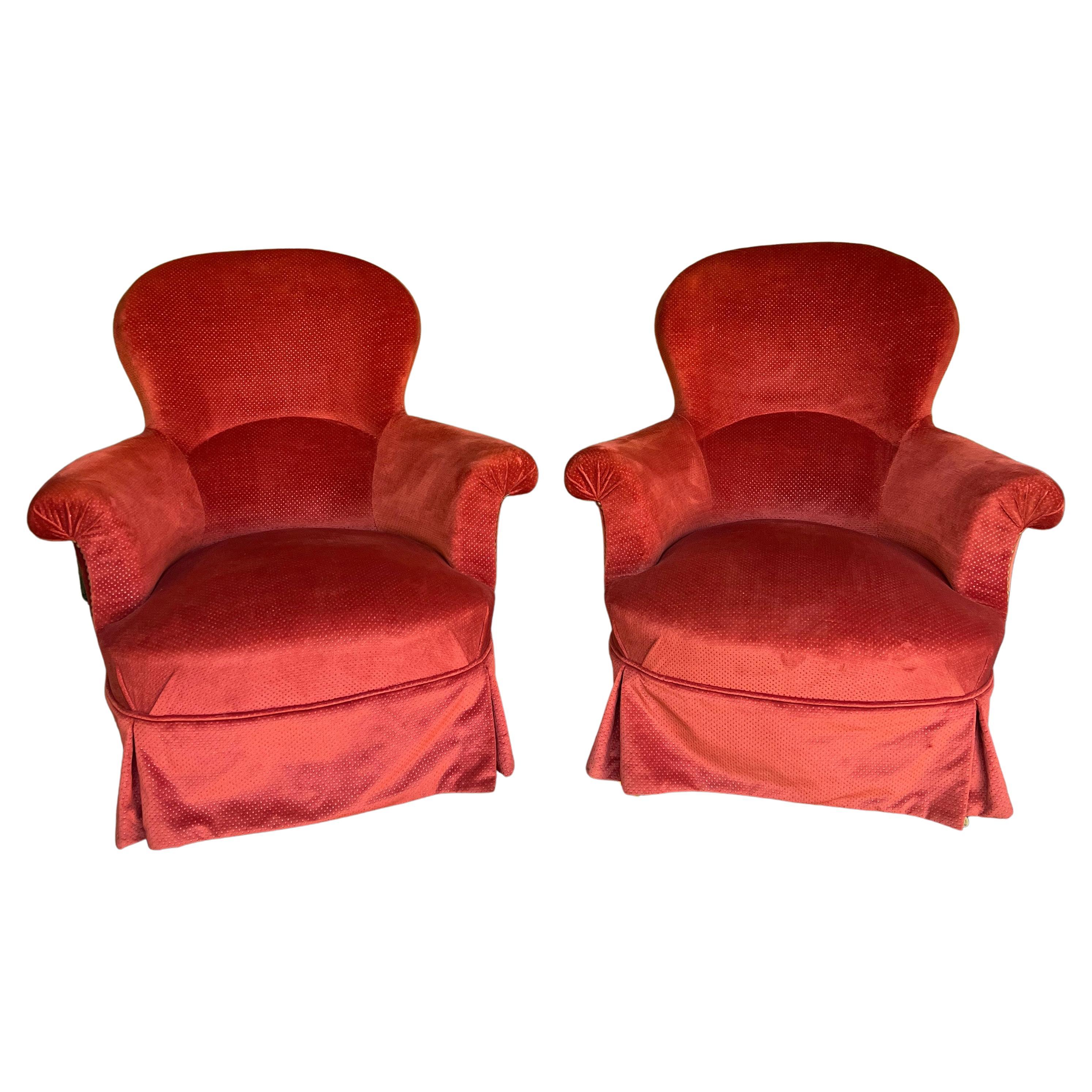 Pair of French Napoleon III Armchairs in Velvet