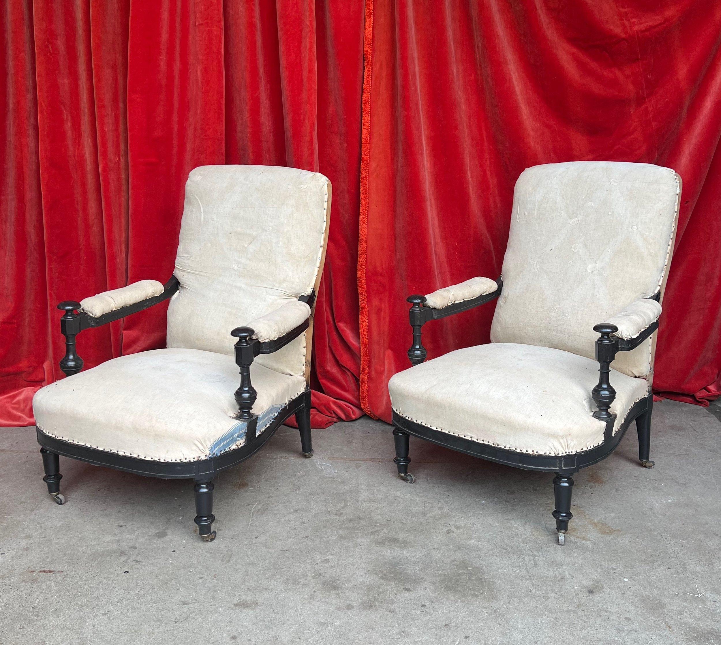 Pair of French Napoleon III Armchairs with Exposed Ebonized Frames For Sale 8