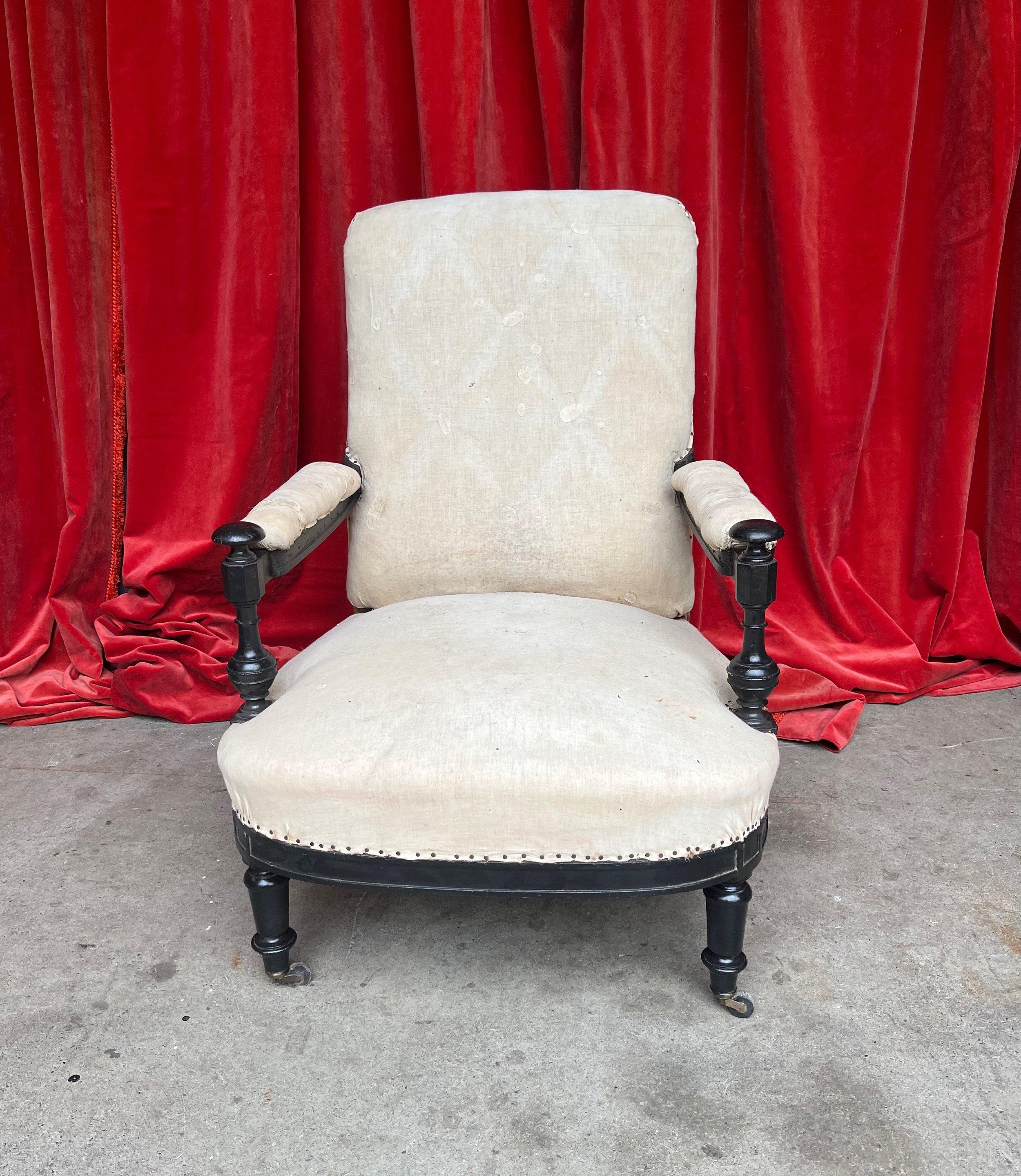 Pair of French Napoleon III Armchairs with Exposed Ebonized Frames For Sale 1