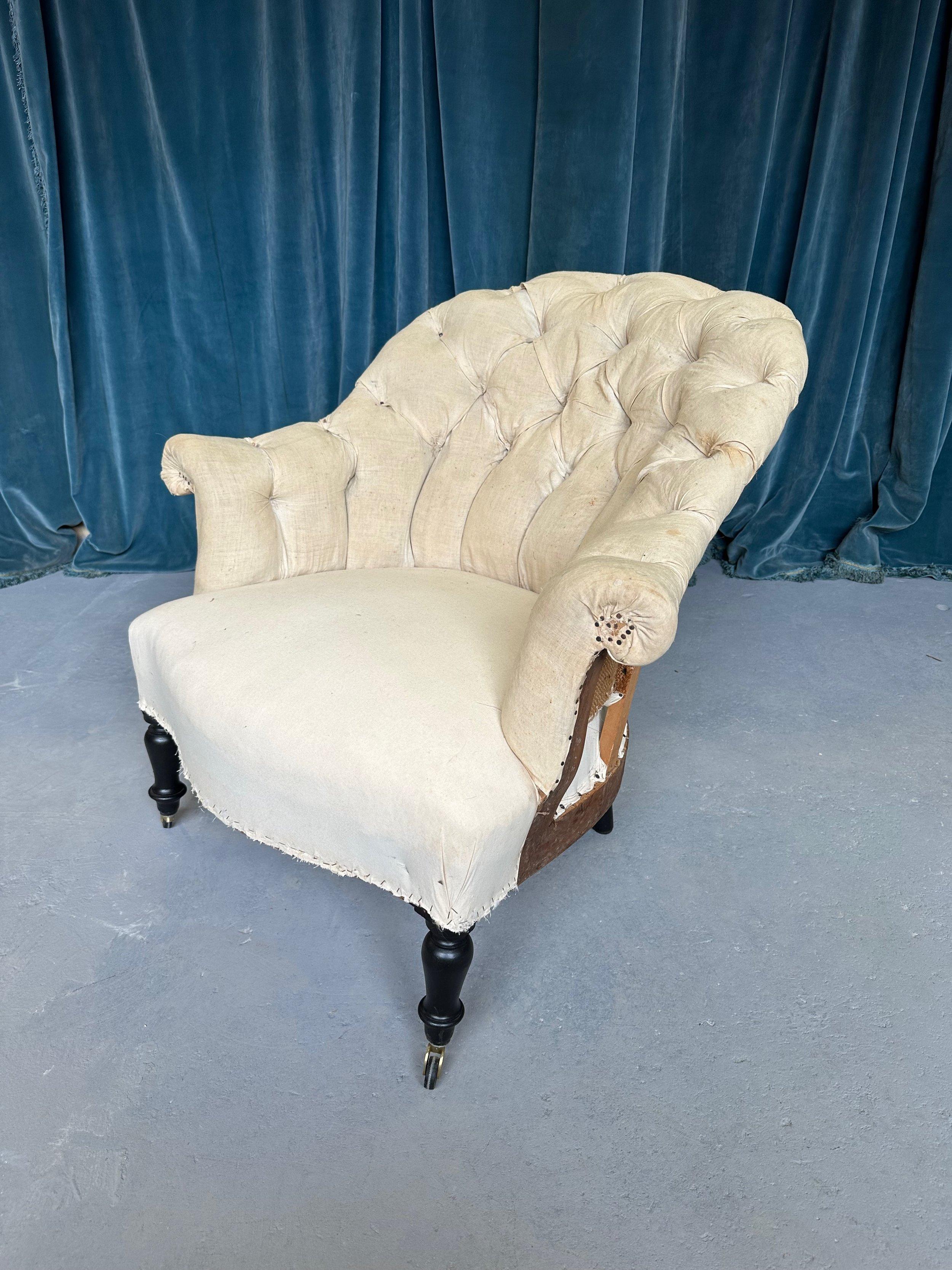 Upholstery Pair of French Napoleon III Armchairs with Tufted Backs For Sale