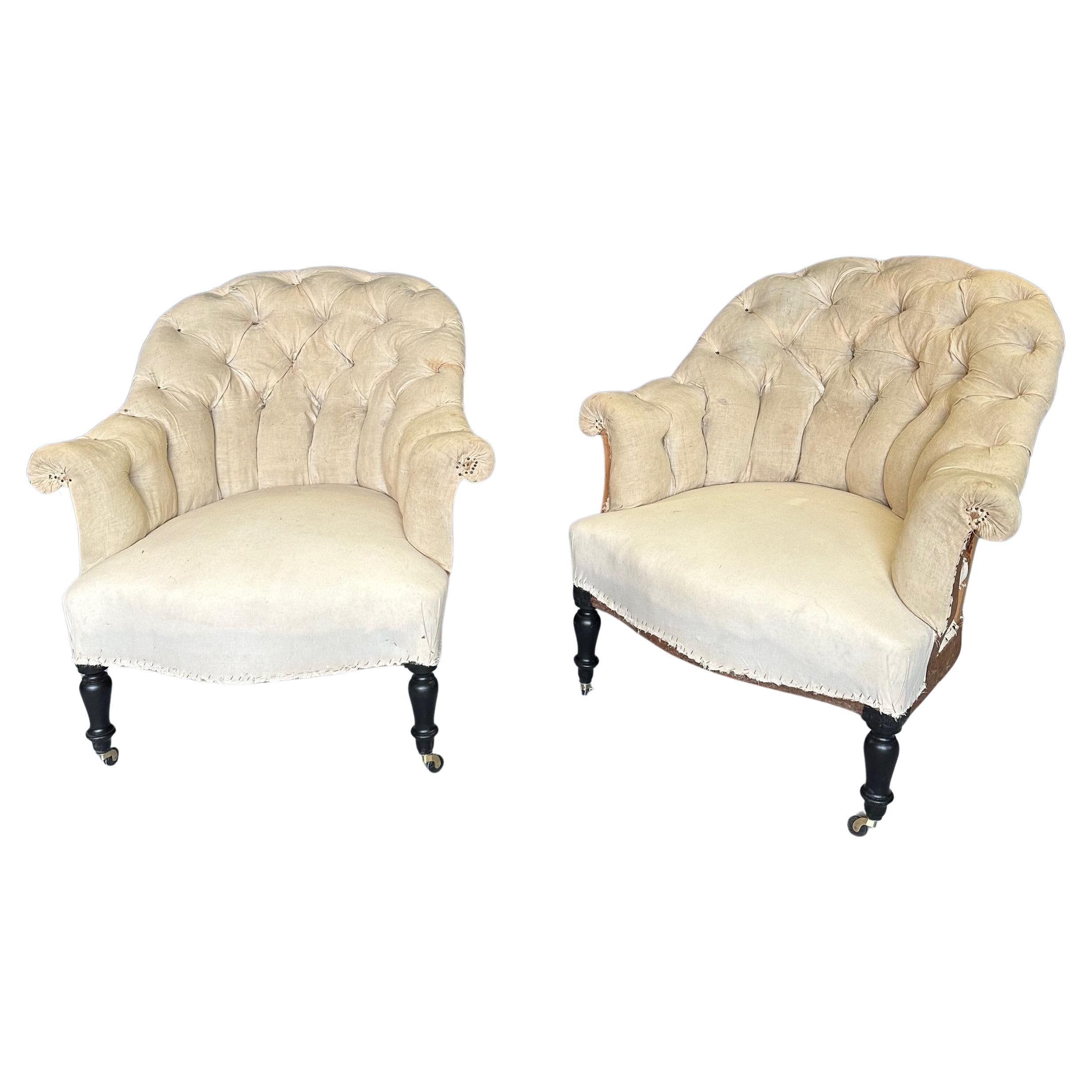 Pair of French Napoleon III Armchairs with Tufted Backs For Sale