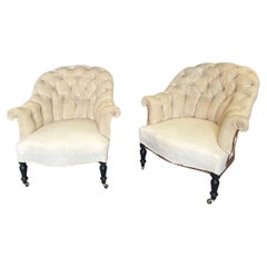 Antique Pair of French Napoleon III Armchairs with Tufted Backs