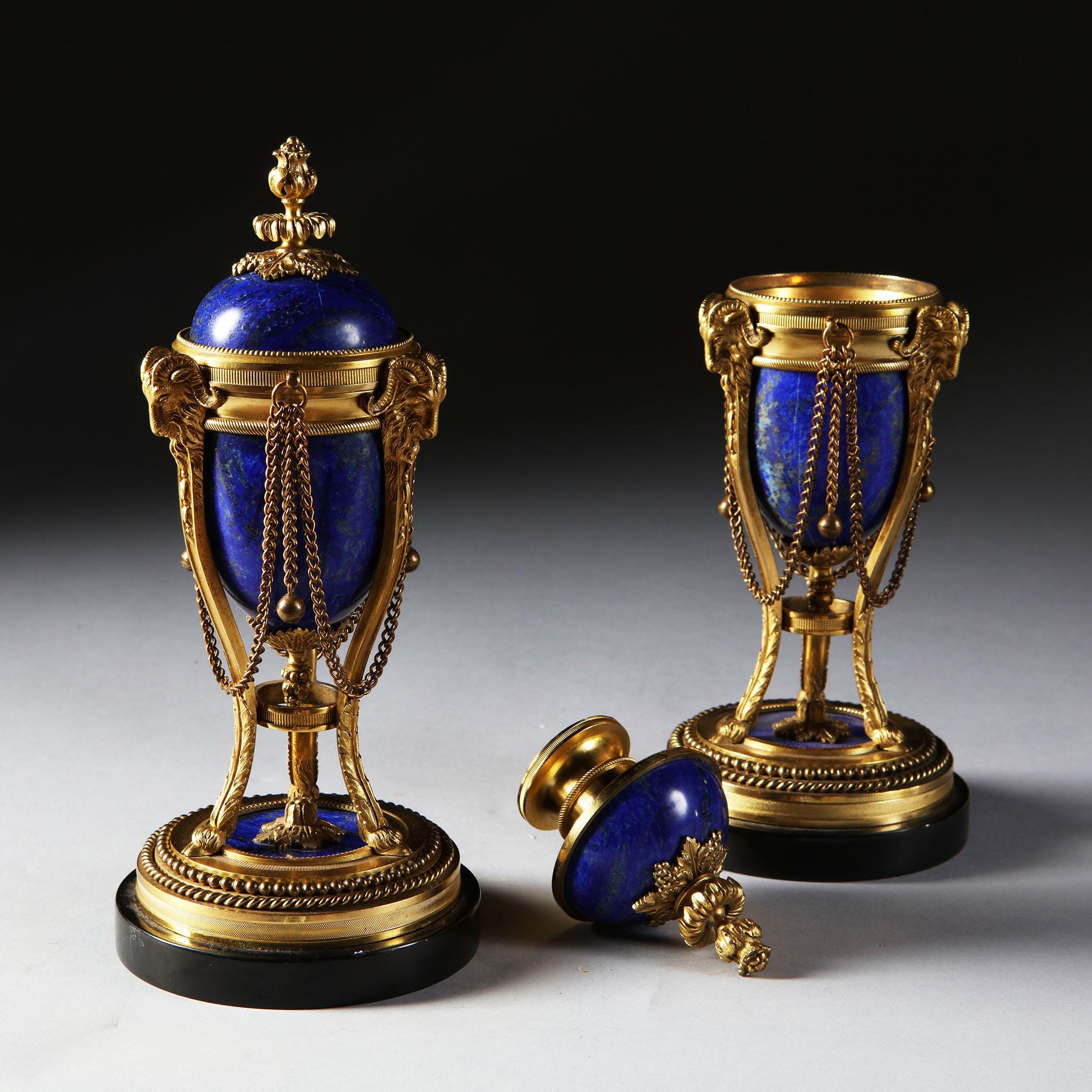 19th Century Pair of French Napoleon III Blue Lapis Lazuli and Gold Ormolu Cassolettes