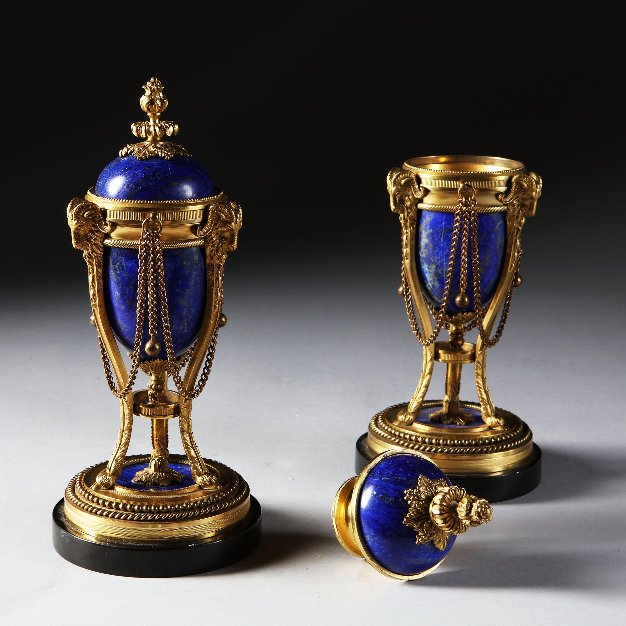 Pair of French Napoleon III Blue Lapis Lazuli and Gold Ormolu Cassolettes 1