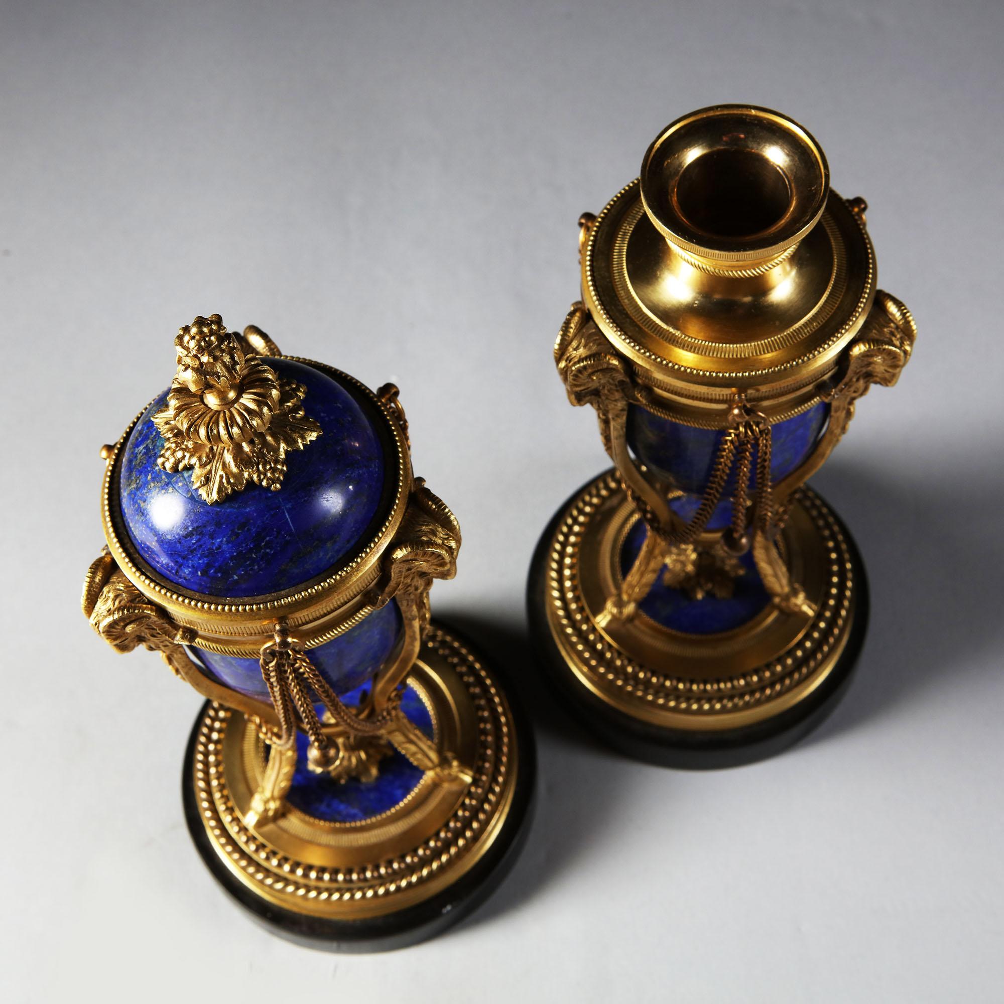 Pair of French Napoleon III Blue Lapis Lazuli and Gold Ormolu Cassolettes 2