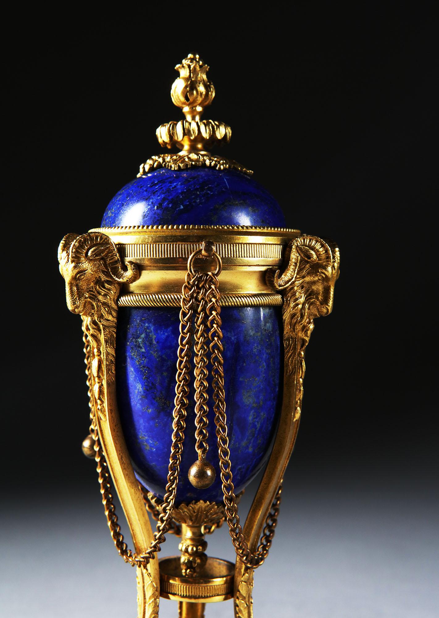 Pair of French Napoleon III Blue Lapis Lazuli and Gold Ormolu Cassolettes 4