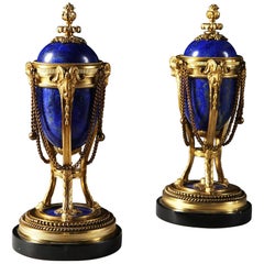 Pair of French Napoleon III Blue Lapis Lazuli and Gold Ormolu Cassolettes