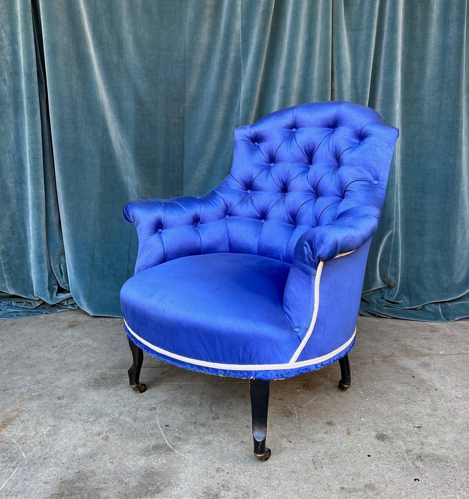 Tessuto Coppia di poltrone francesi Napoleone III con inserti blu in vendita