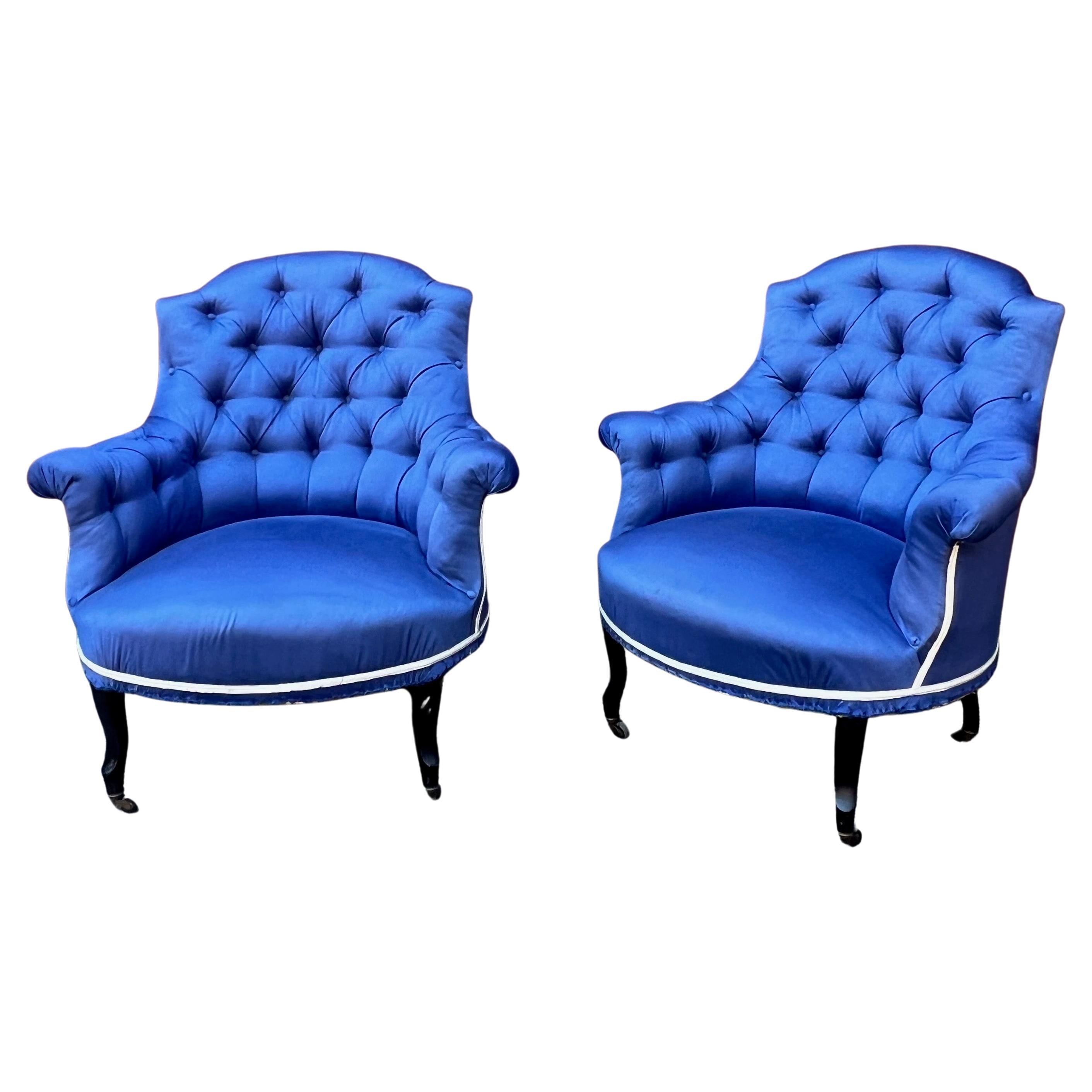 Pair of French Napoleon III Blue Tufted Armchairs For Sale