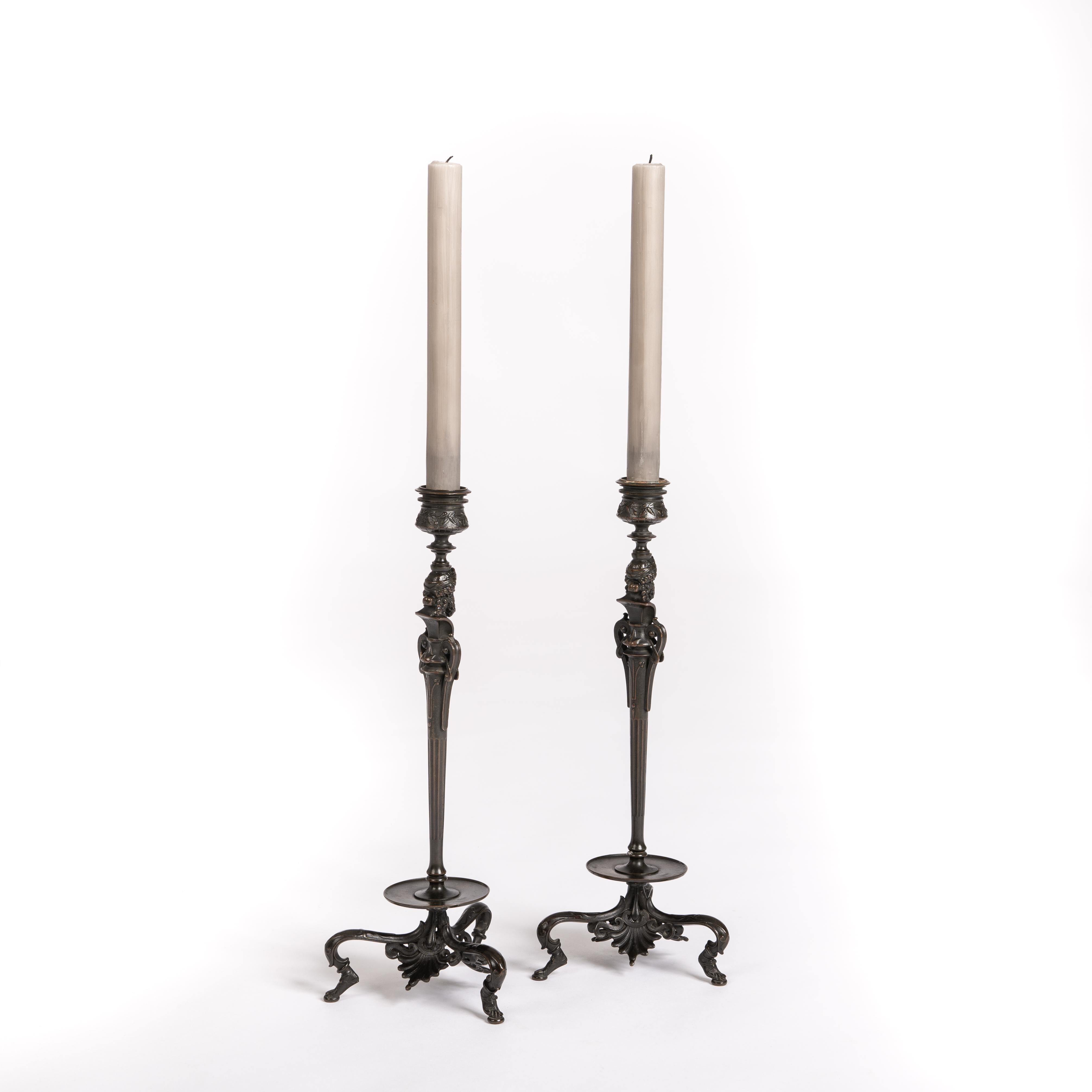 Cast Pair of French Napoleon III Bronze Candlesticks by Barbedienne, France, 1860s For Sale