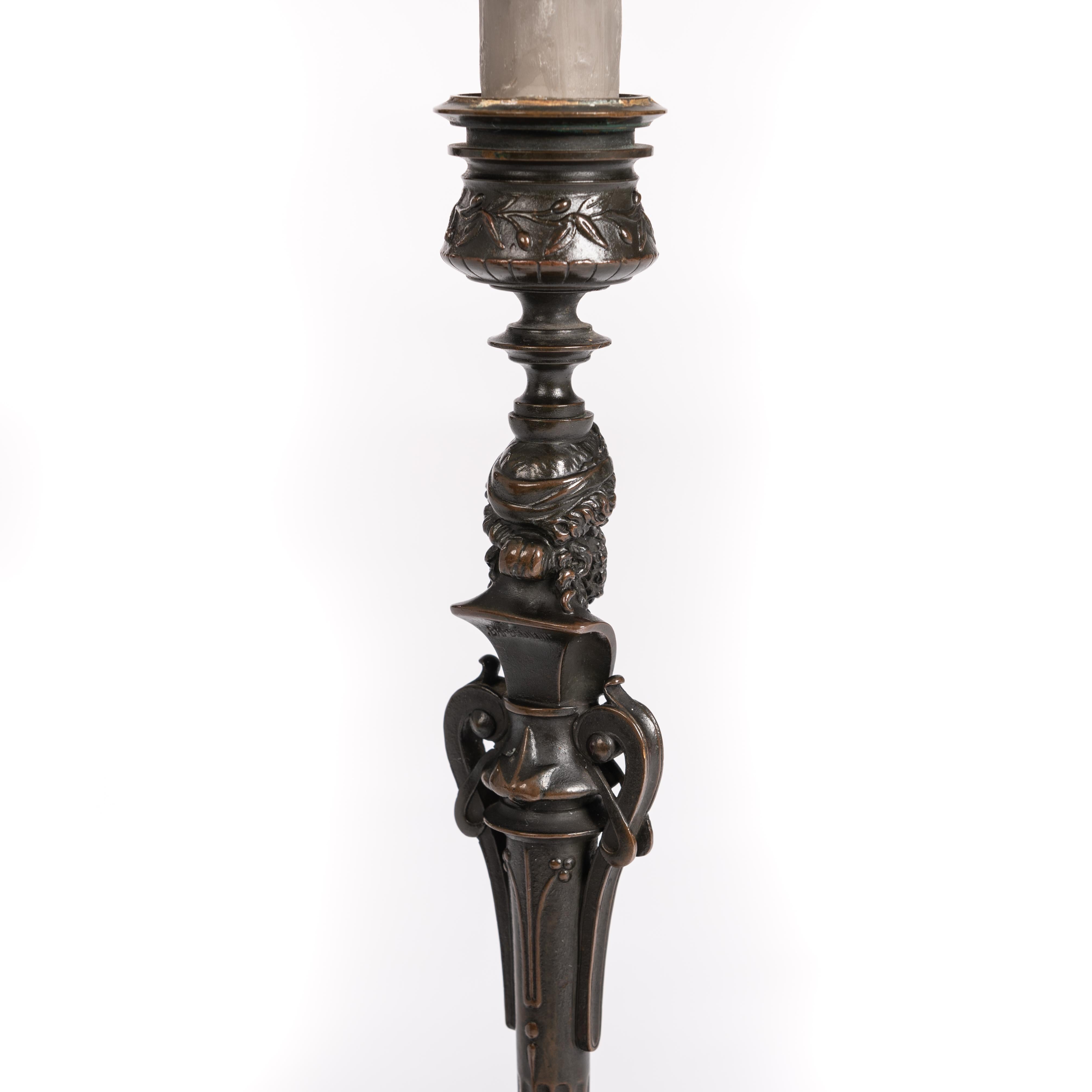 Pair of French Napoleon III Bronze Candlesticks by Barbedienne, France, 1860s For Sale 1