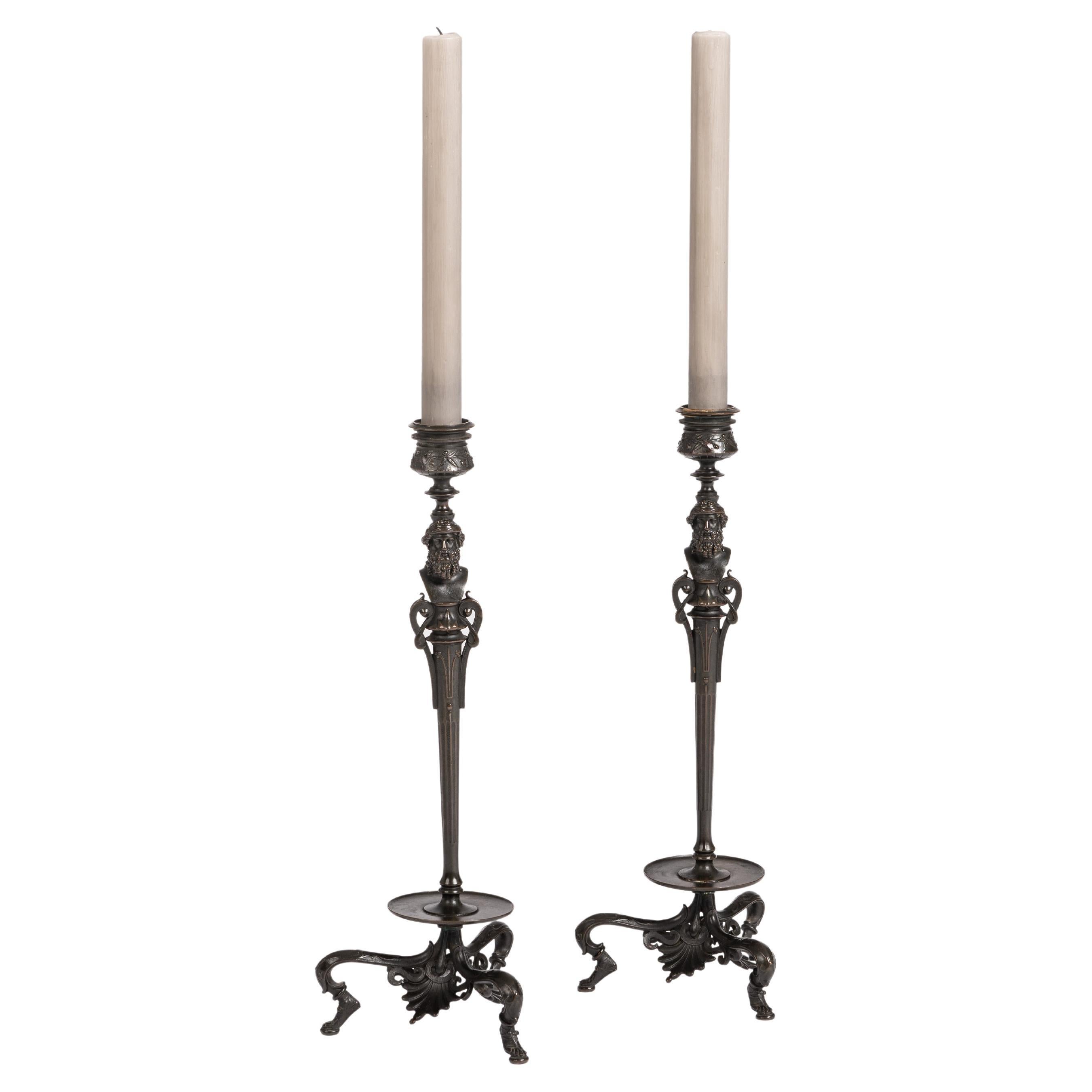 Pair of French Napoleon III Bronze Candlesticks by Barbedienne, France, 1860s For Sale