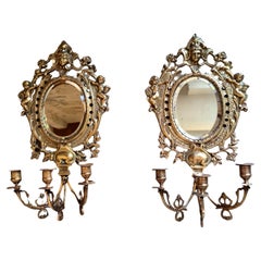 Antique Pair of French, Napoleon III, bronze, mirrored candle sconces. Circa late 1800's