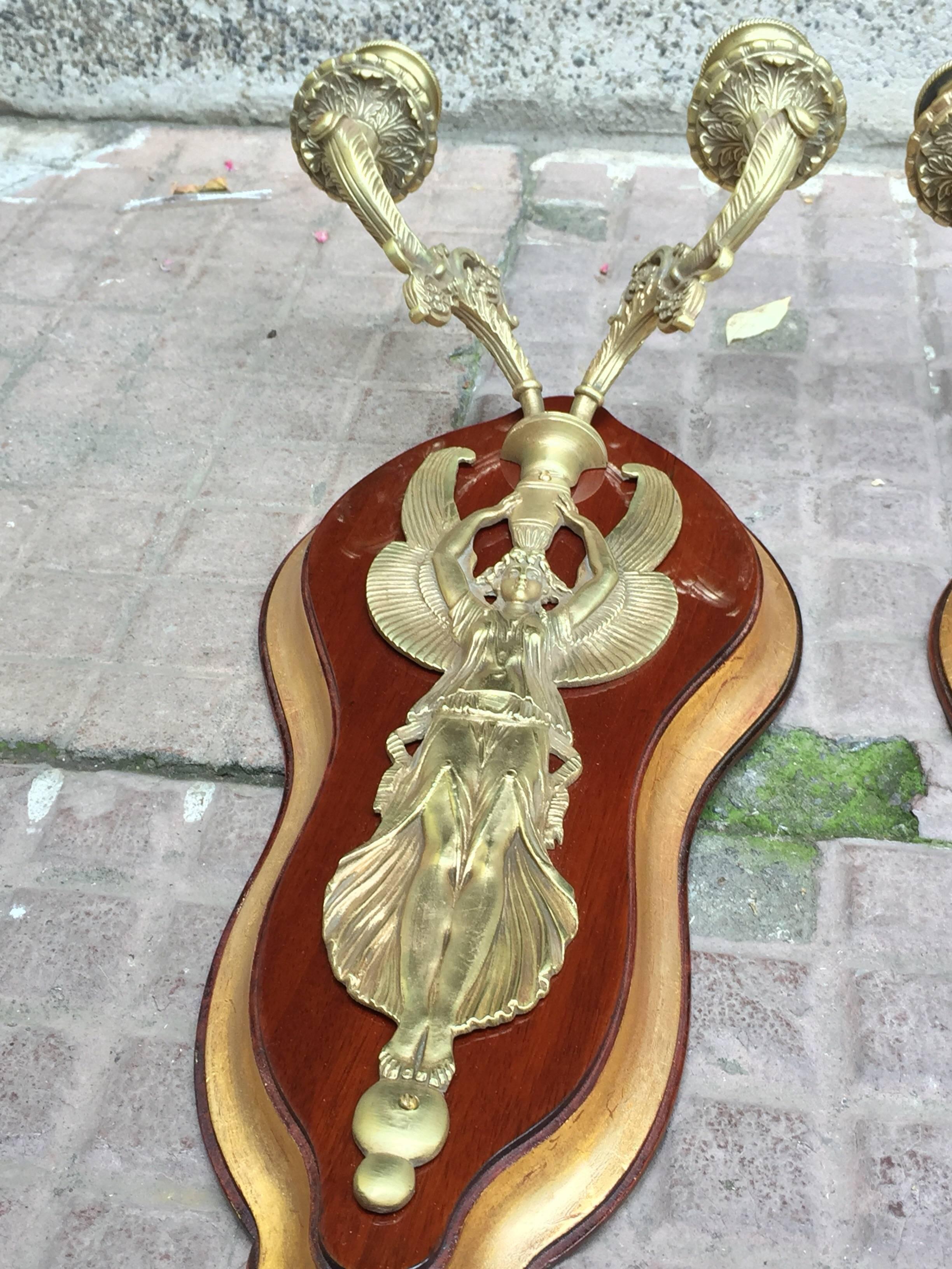 Pair of French Napoleon III Figural Bronze Sconces with Winged Victory on Wood For Sale 5