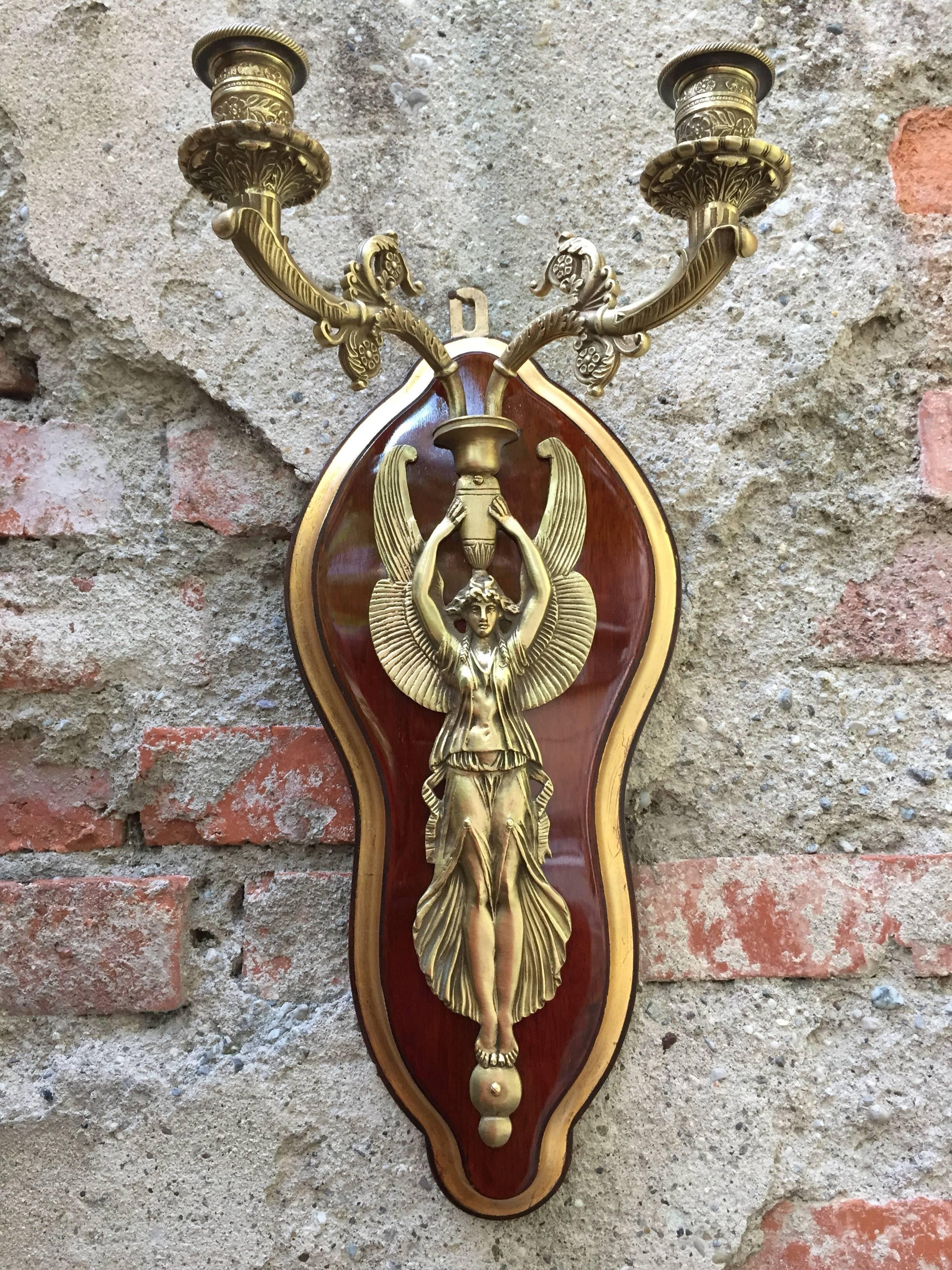 Pair of French Napoleon III Figural Bronze Sconces with Winged Victory on Wood For Sale 6