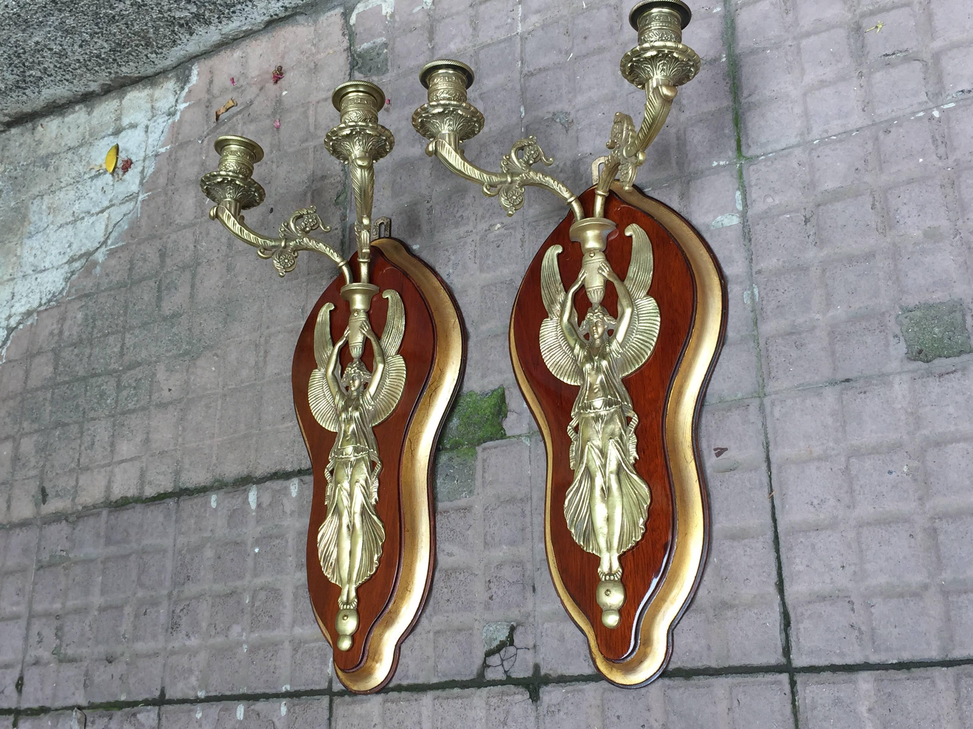 Pair of French Napoleon III Figural Bronze Sconces with Winged Victory on Wood For Sale 9