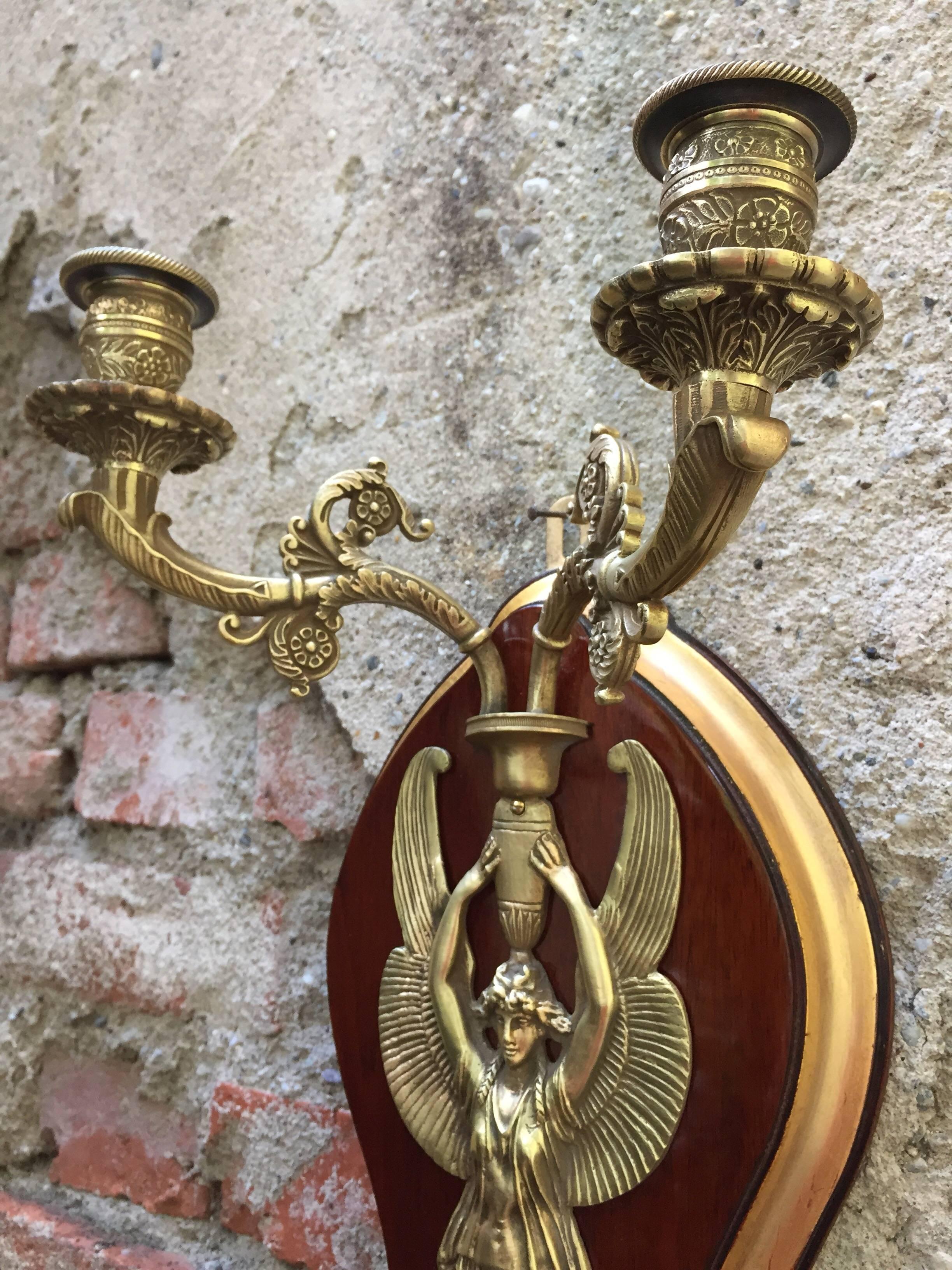 19th Century Pair of French Napoleon III Figural Bronze Sconces with Winged Victory on Wood For Sale