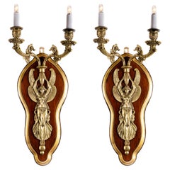 Antique Pair of French Napoleon III Figural Bronze Sconces with Winged Victory on Wood