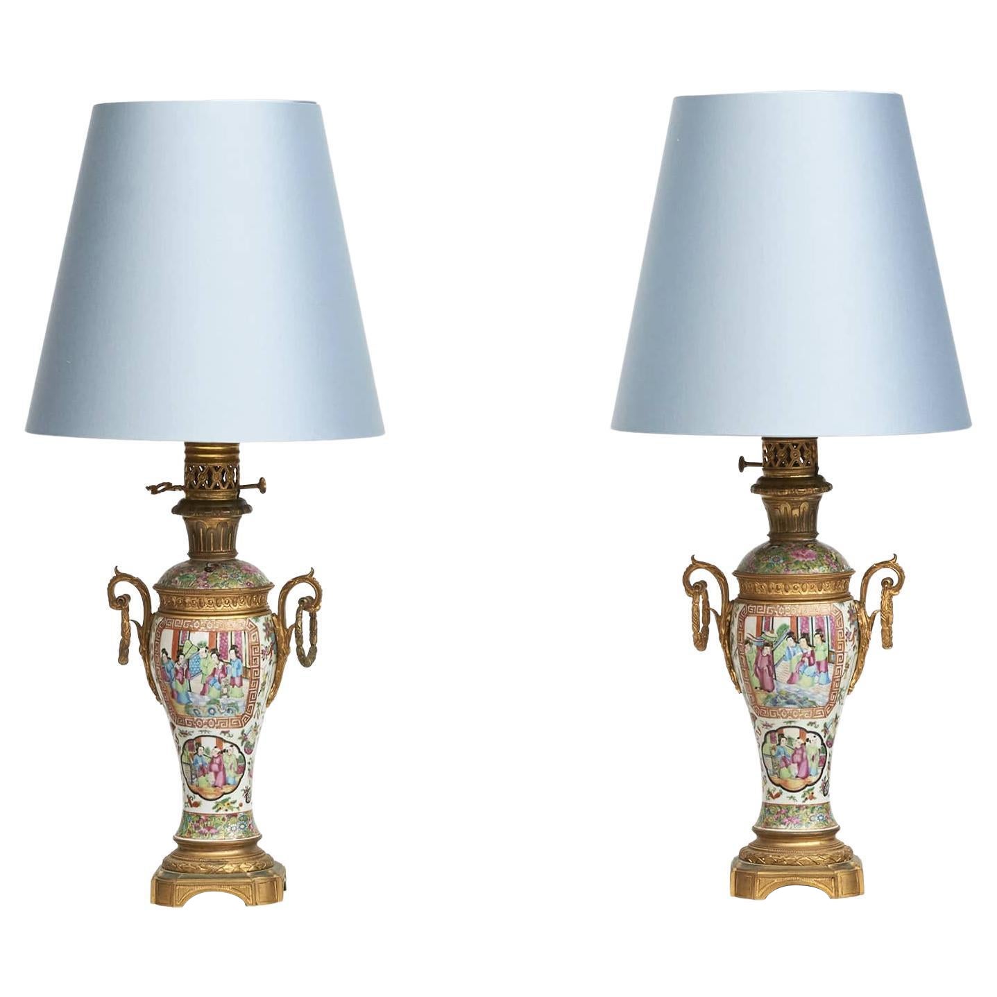 Pair of French Napoleon III Canton Porcelain & Gilt Bronze Lamps For Sale