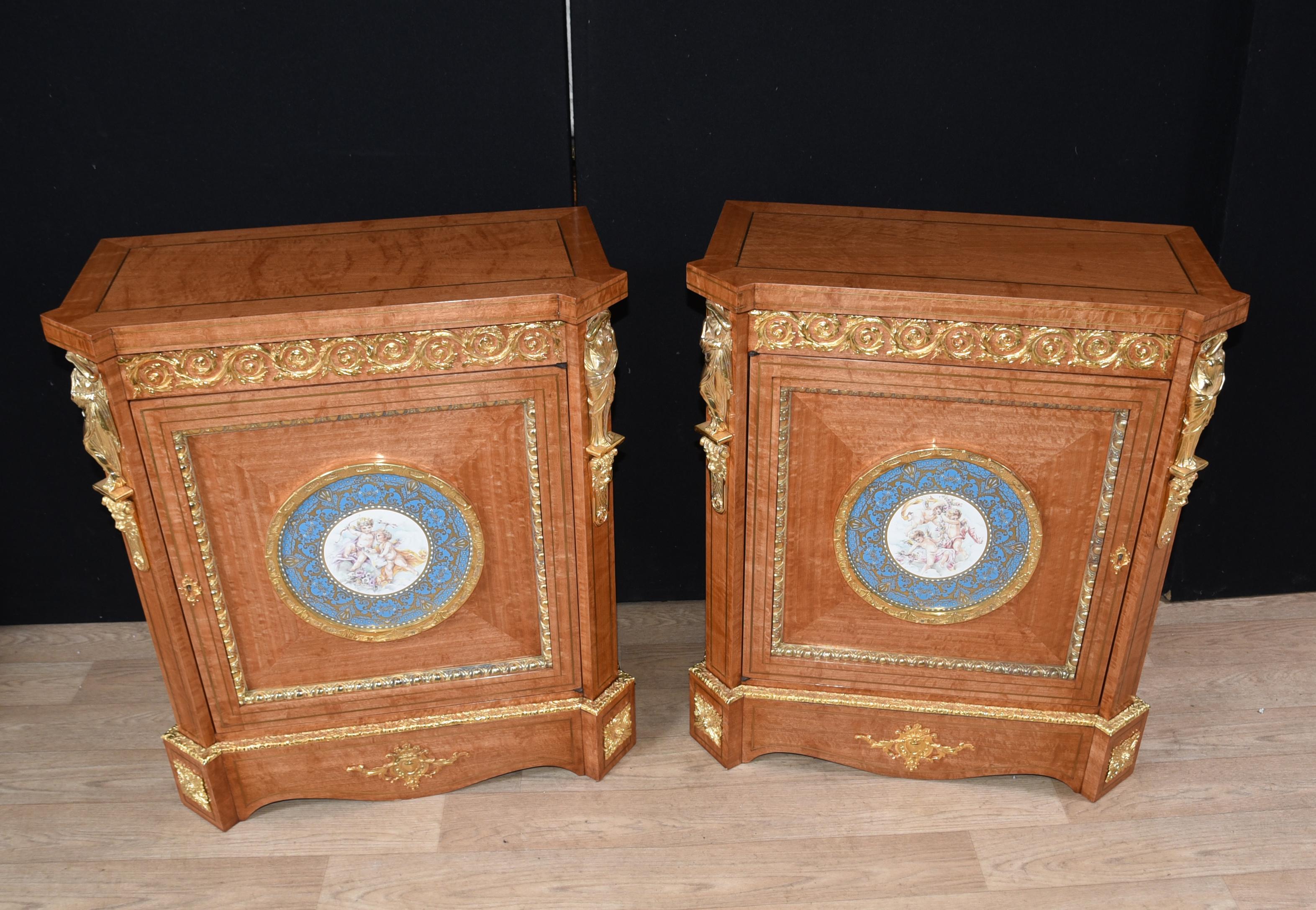 20th Century Pair of French Napoleon III, circa 1910 Satinwood Side Cabinets For Sale