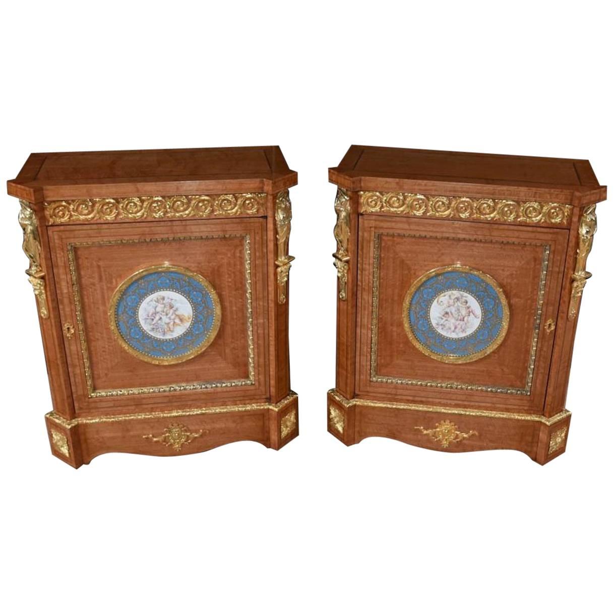 Pair of French Napoleon III, circa 1910 Satinwood Side Cabinets For Sale