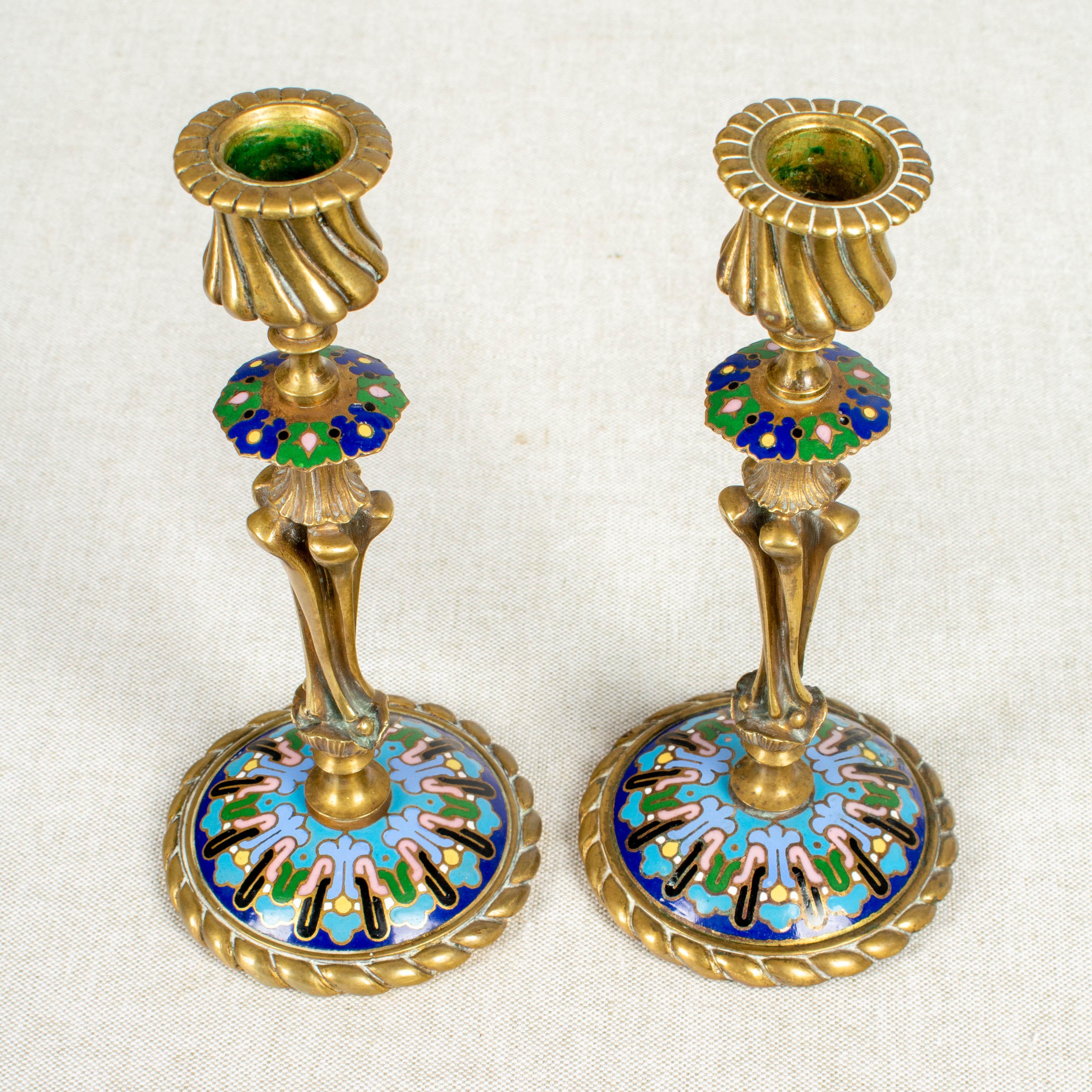 Cast Pair of French Napoleon III Cloisonné Enamel Candlestick