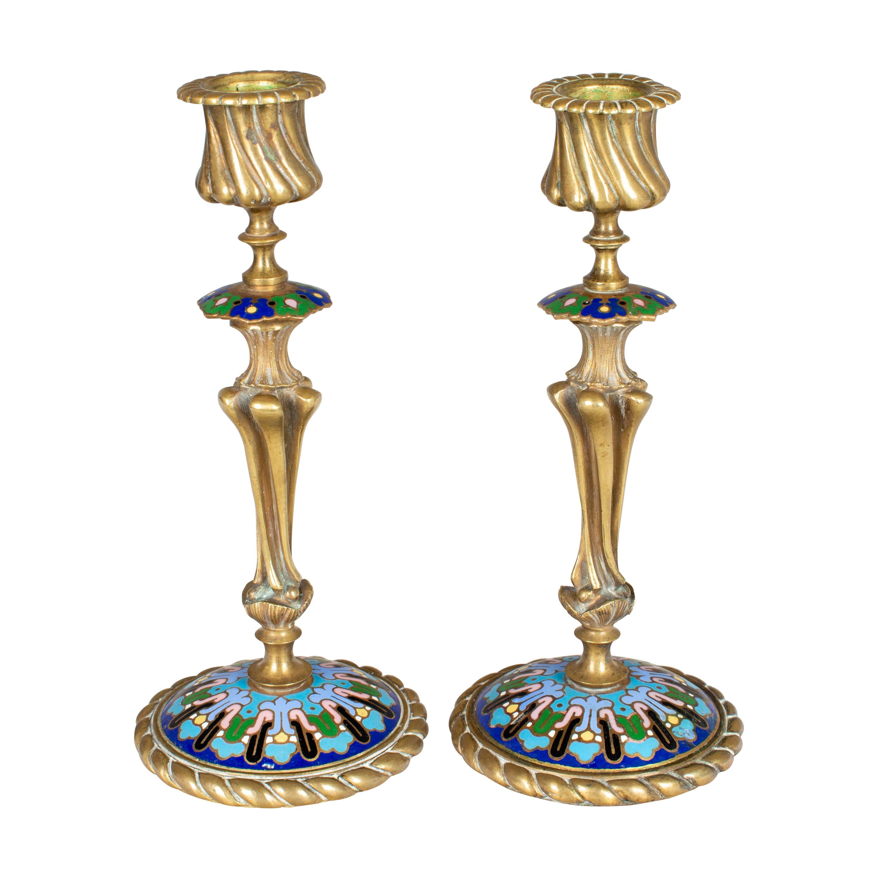 Pair of French Napoleon III Cloisonné Enamel Candlestick