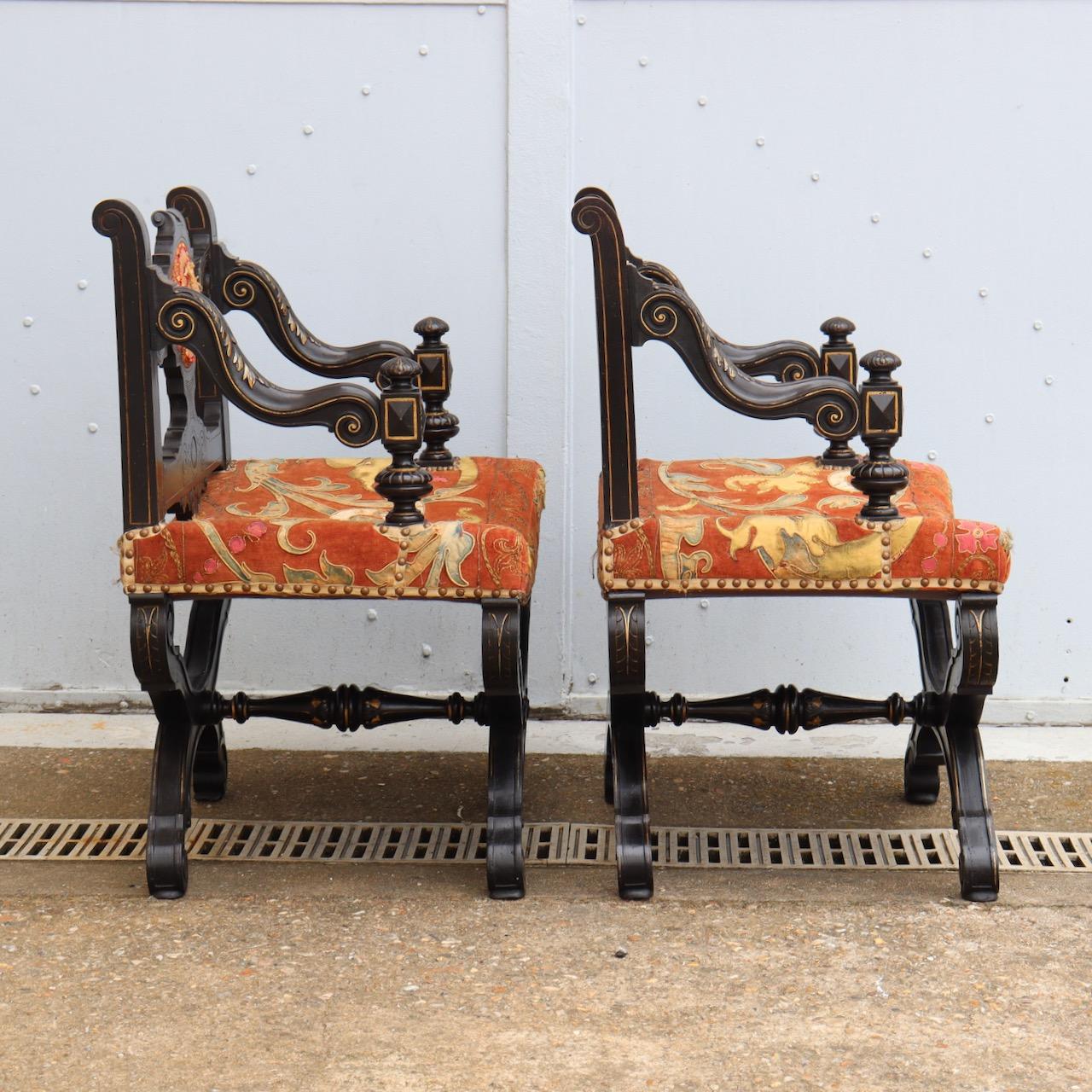 Blackened Pair of French Napoléon III Curule Armchairs For Sale