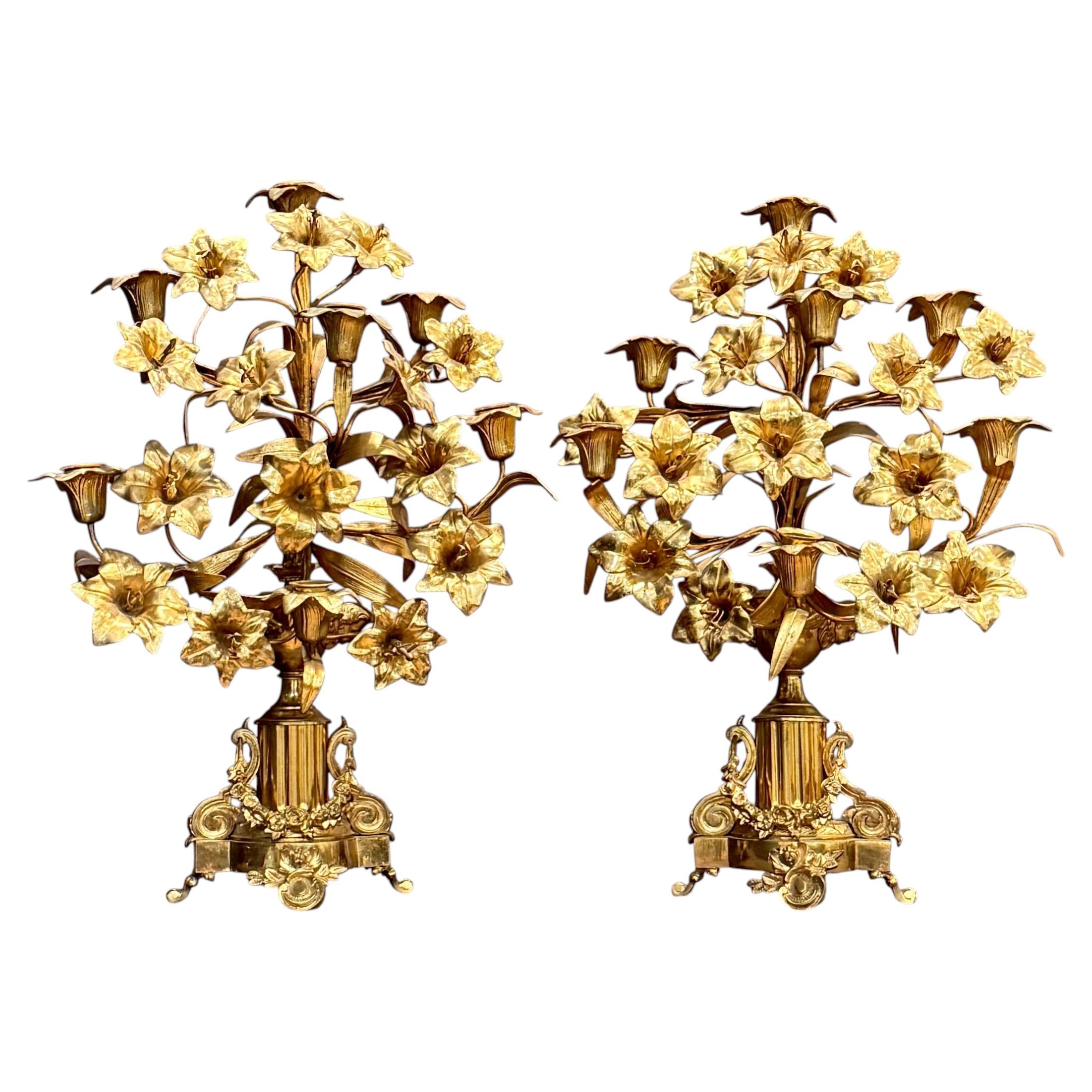 Pair Of French Napoleon III Gilt Bronze Floral Seven-Light Candelabra
