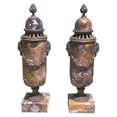 Pair of French Napoleon III Marble Lidded Vases with Ormolu Mountings