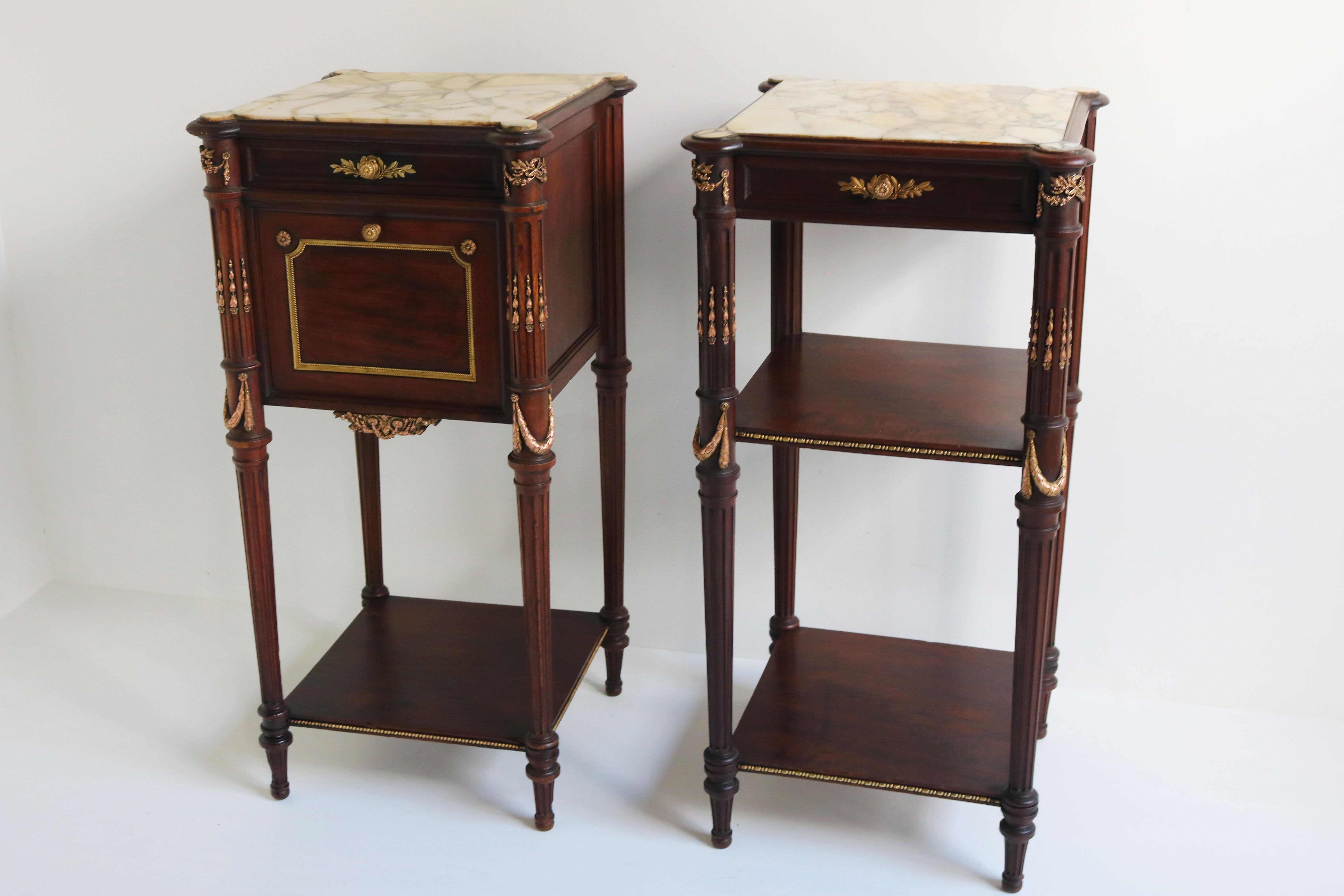 Pair of French Napoleon III Night Stands 19th Century Mahogany Bronze Marble For Sale 7