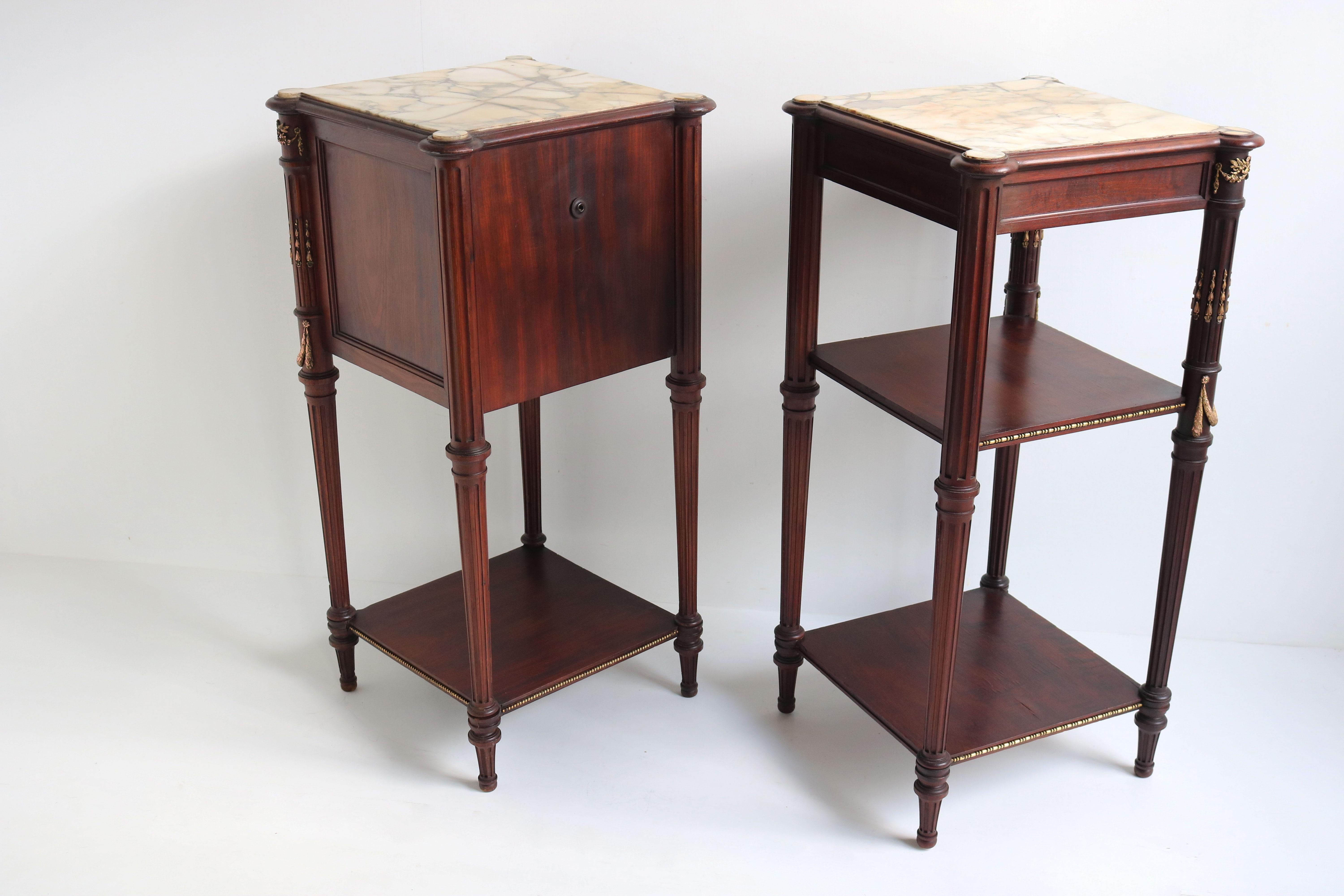 Pair of French Napoleon III Night Stands 19th Century Mahogany Bronze Marble For Sale 11