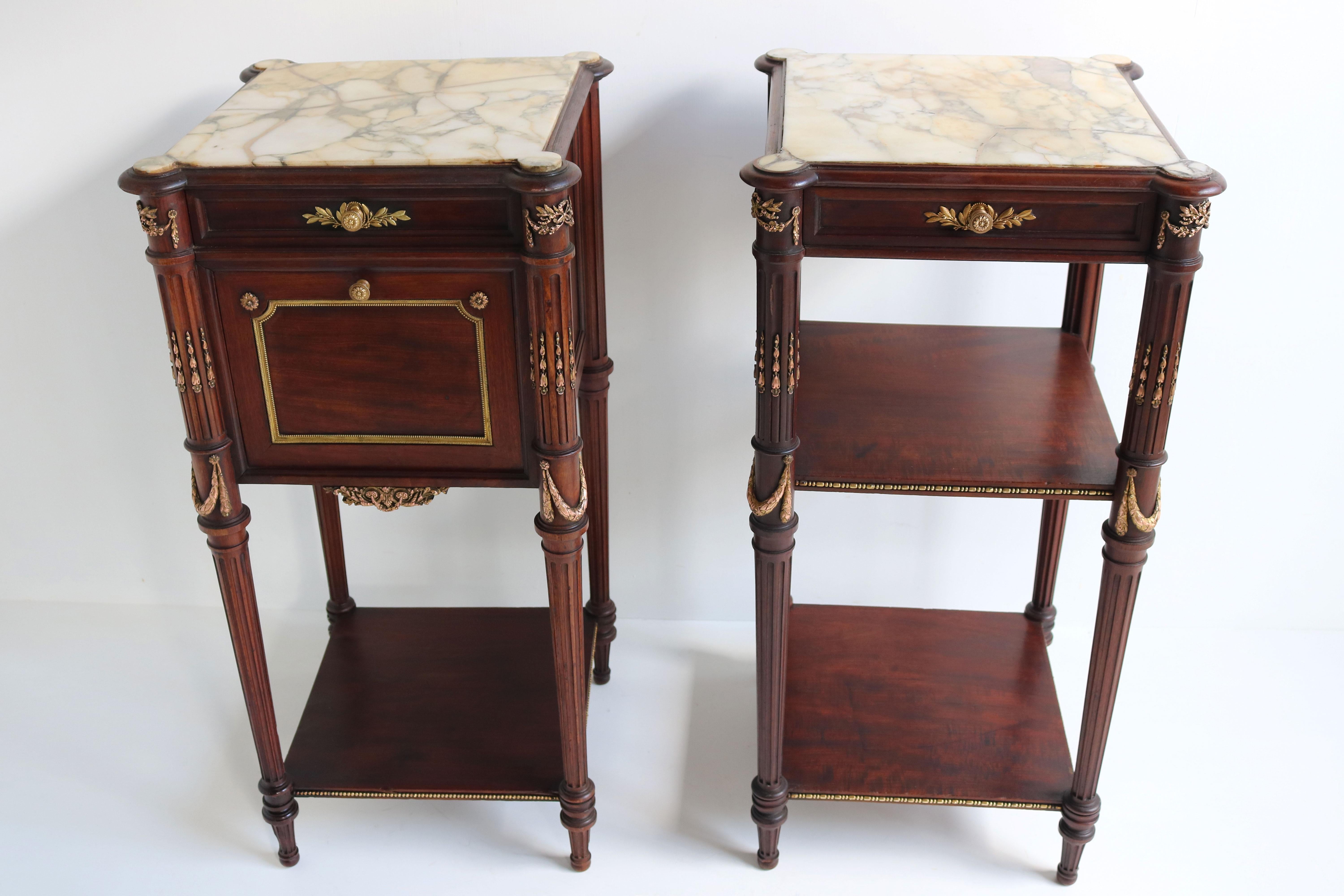 Pair of French Napoleon III Night Stands 19th Century Mahogany Bronze Marble For Sale 12