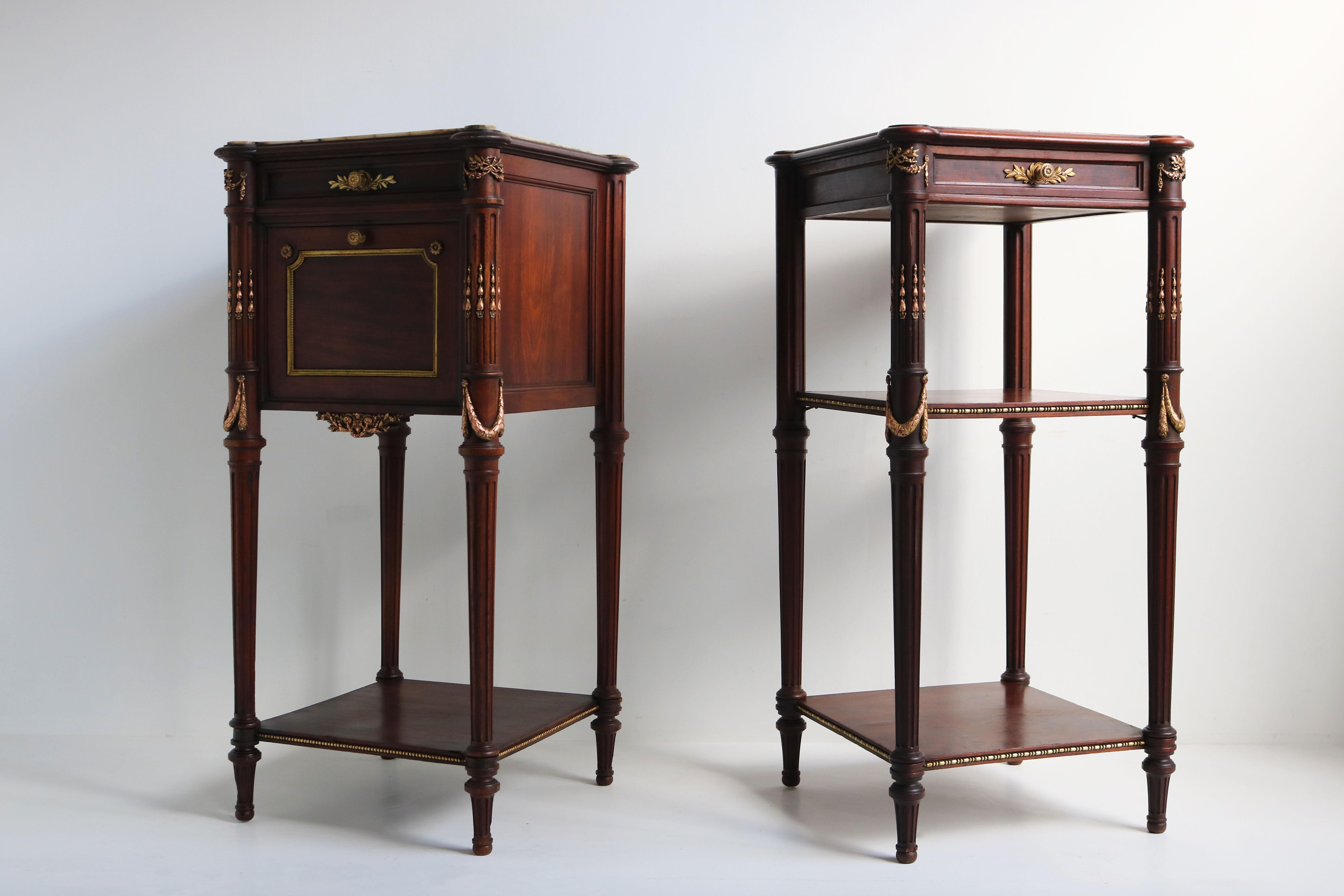 Carved Pair of French Napoleon III Night Stands 19th Century Mahogany Bronze Marble For Sale