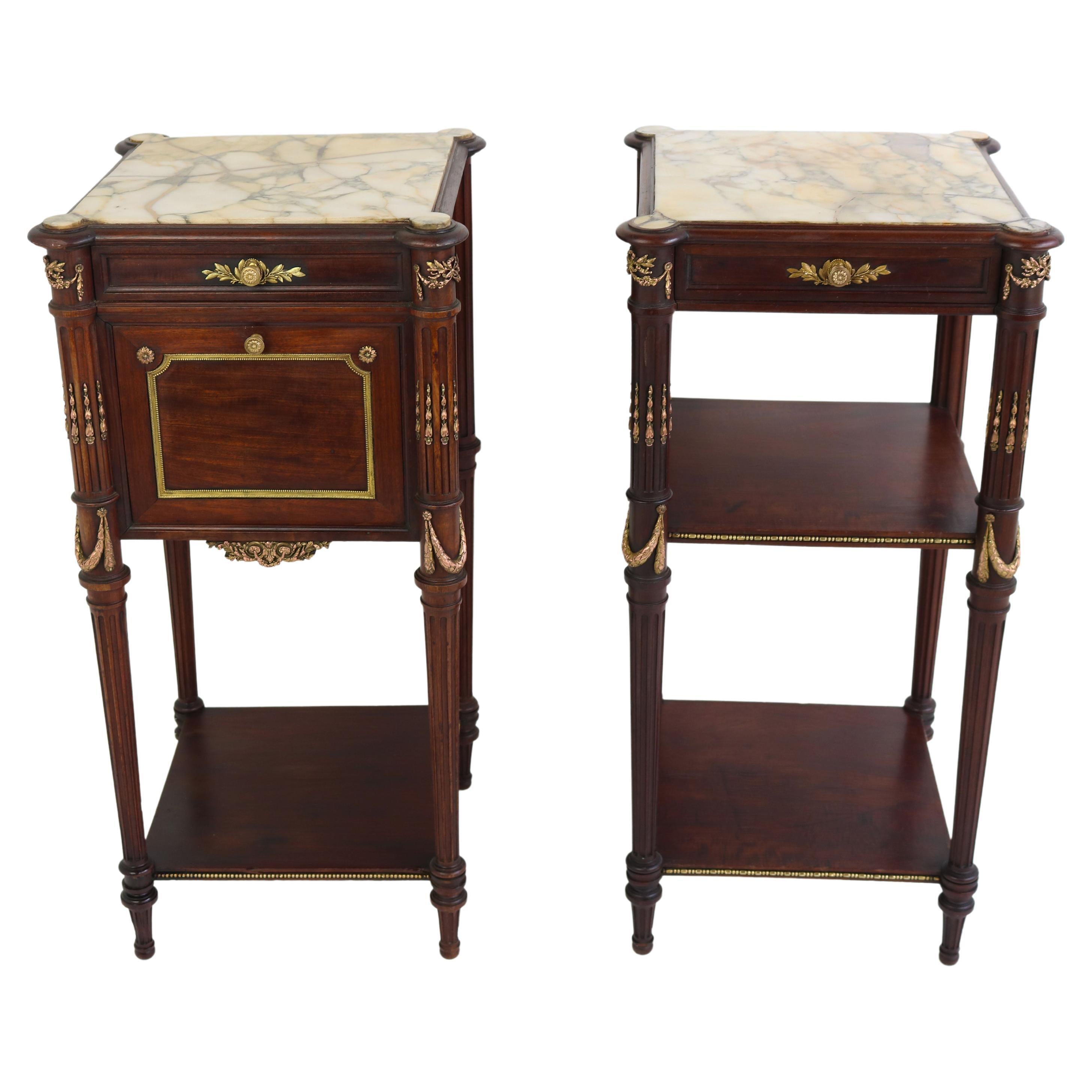 Pair of French Napoleon III Night Stands 19th Century Mahogany Bronze Marble For Sale