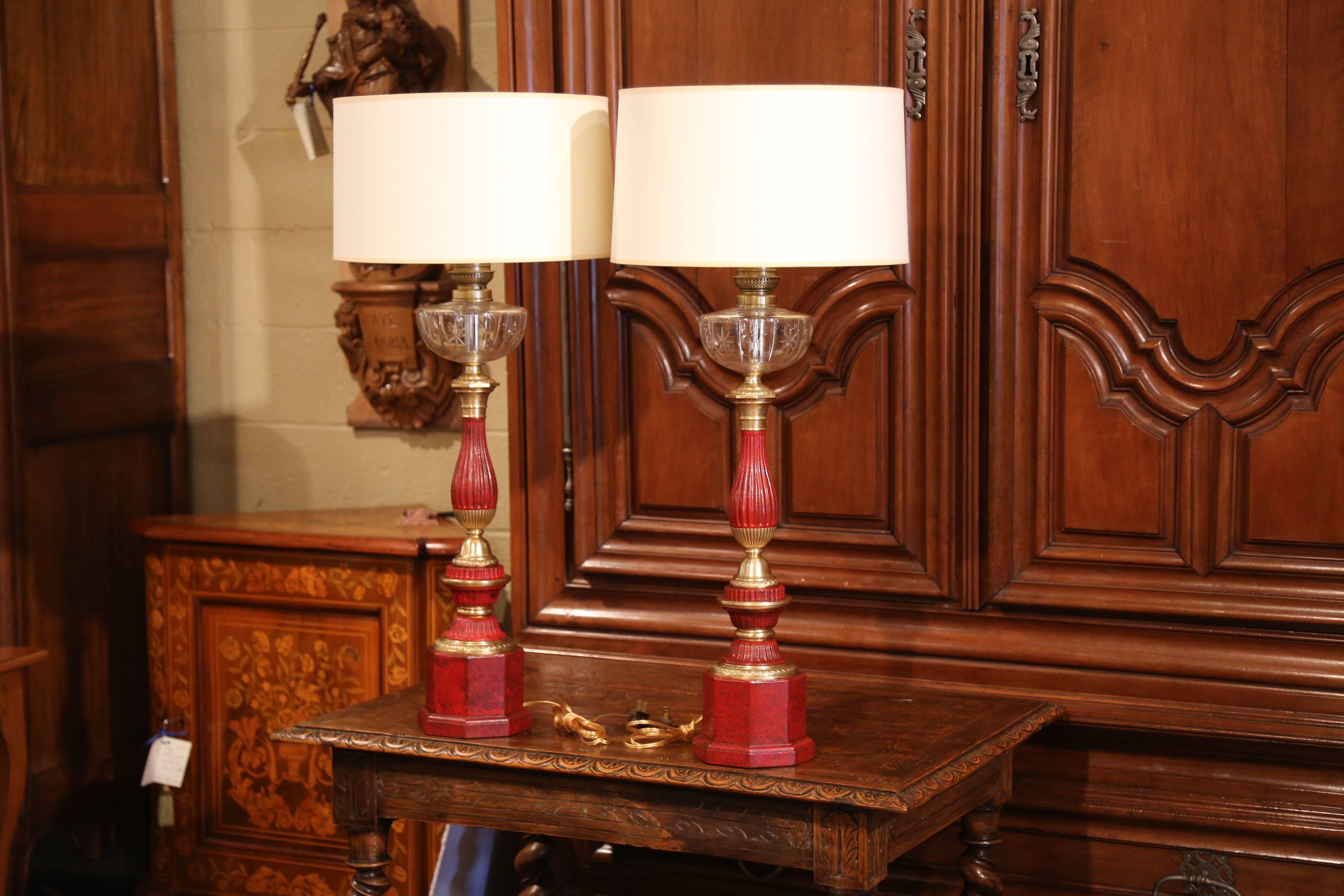 Elegant pair of antique oil lamps made into table lights from Paris, France; crafted circa 1870, the tall 
