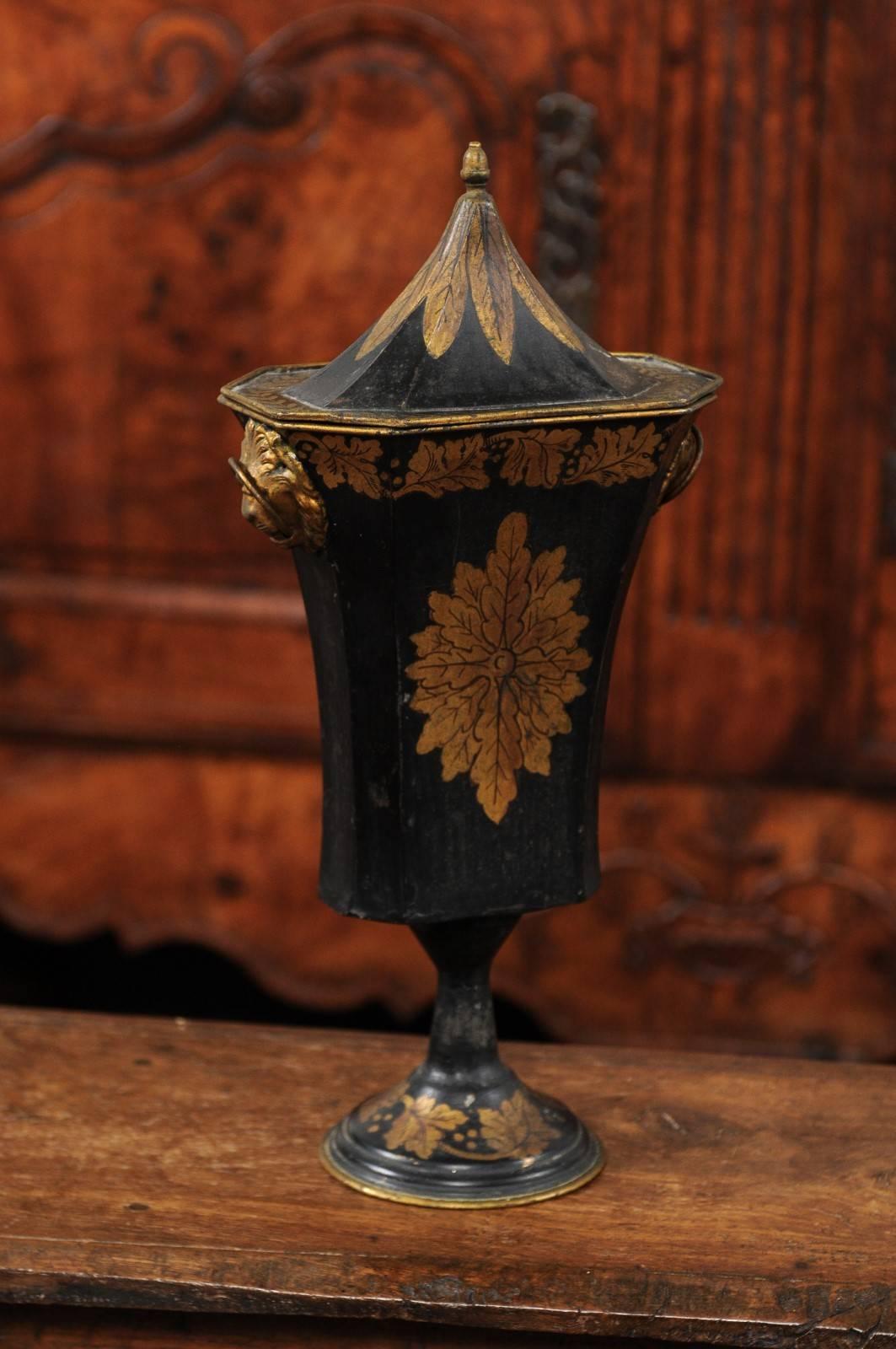 19th Century Pair of French Napoleon III Period 1850s Painted Tôle Urns with Gilded Accents